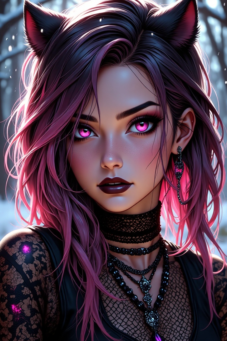 A close-up of a gothic girl with vibrant hair contrasts against a jaguar and blizzard background. Her confident stance and...