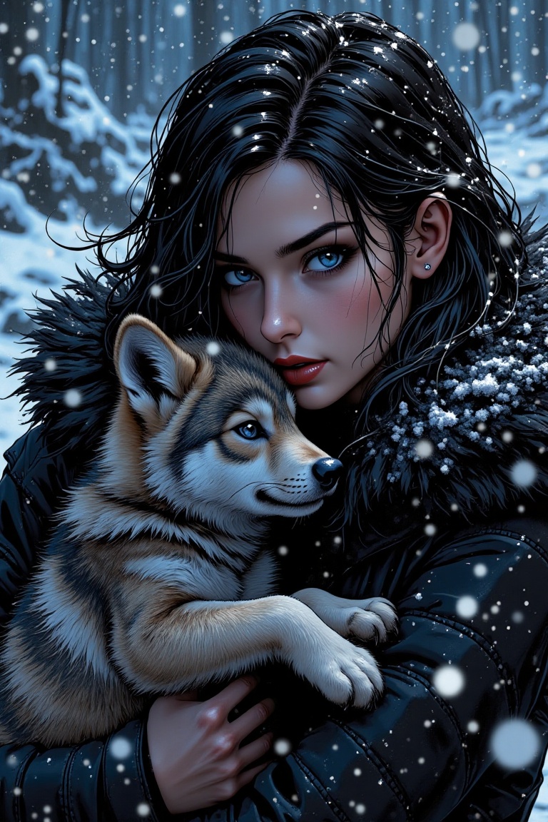 A dark woman vampire holds a wolf cub close-up,  manga style. Ocean waves crash behind her in heavy snow. Dramatic lightin...