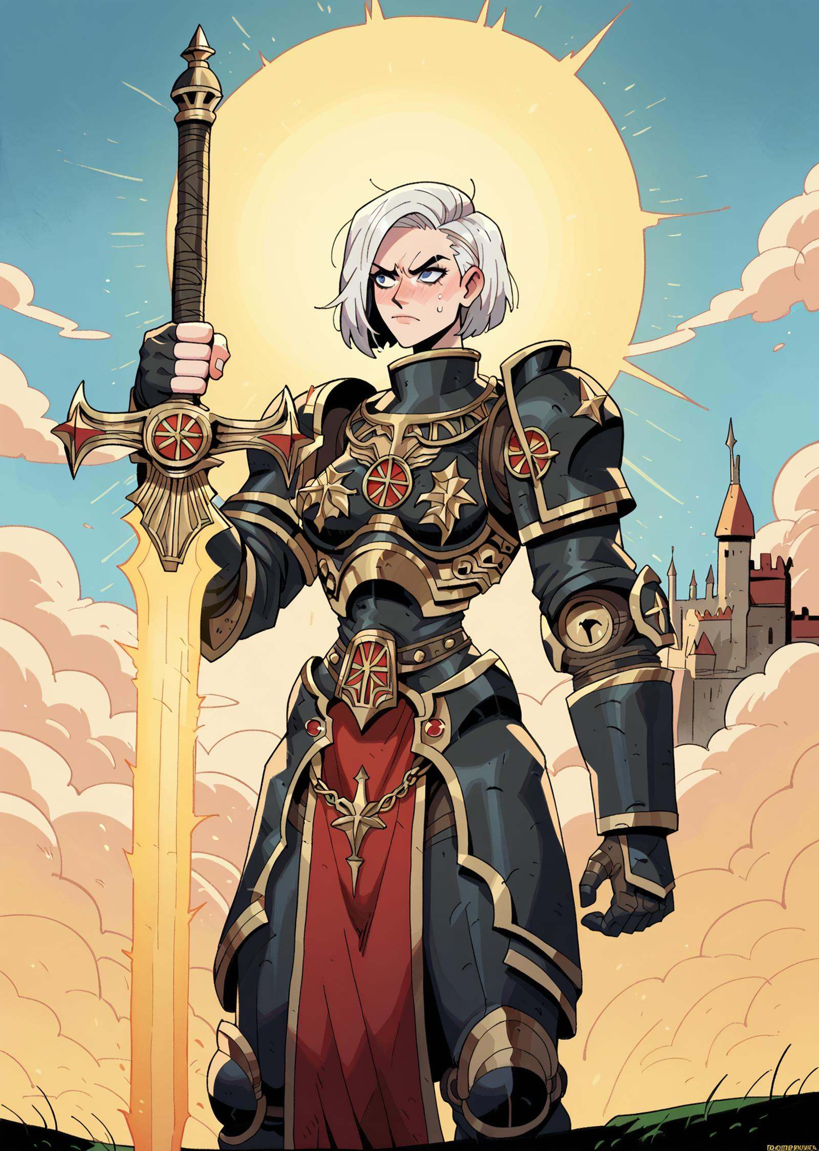 The woman is wearing black steel armor and has white hair. She is standing in a field,  holding a sword in her right hand....