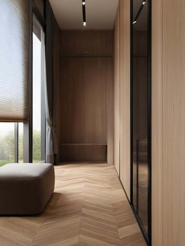 cloakroom,  wood flooring,  glass door on Tensor.Art
