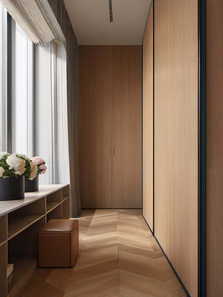 cloakroom,  wood flooring,  glass door on Tensor.Art
