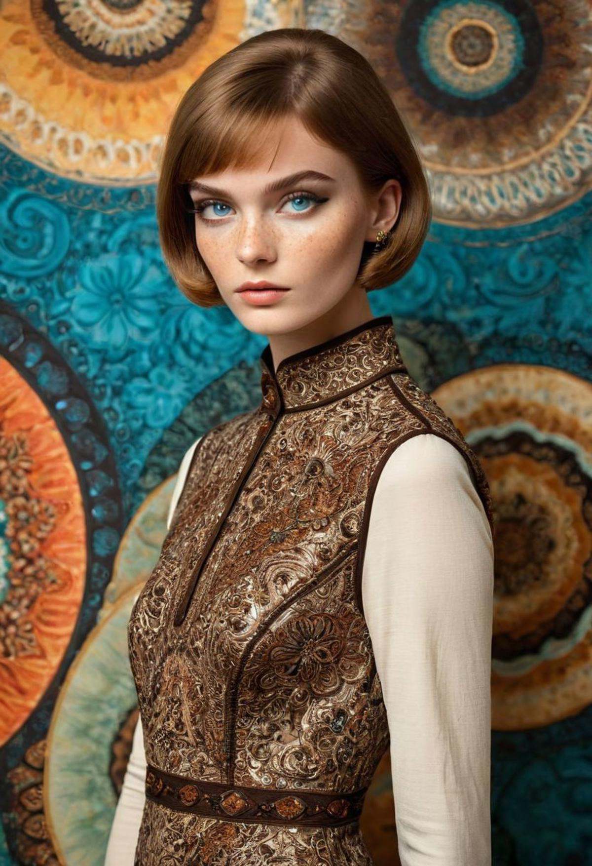 A breathtaking full-body fashion photograph portrait,  capturing a 1968 Elle woman's magazine fashion shoot featuring a st...