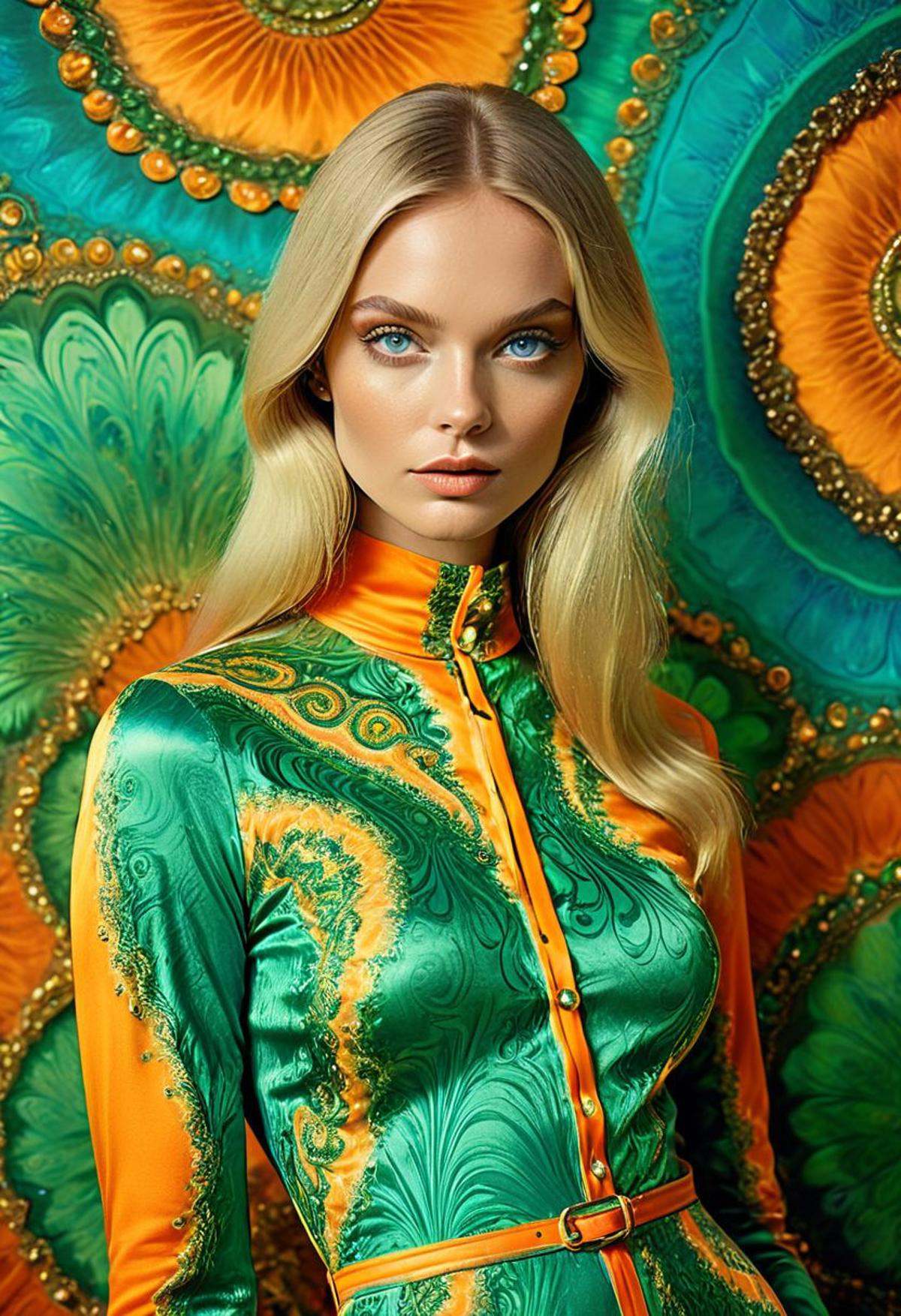 A breathtaking fashion full-body photograph portrait,  capturing a 1968 Elle woman's magazine fashion shoot featuring a st...