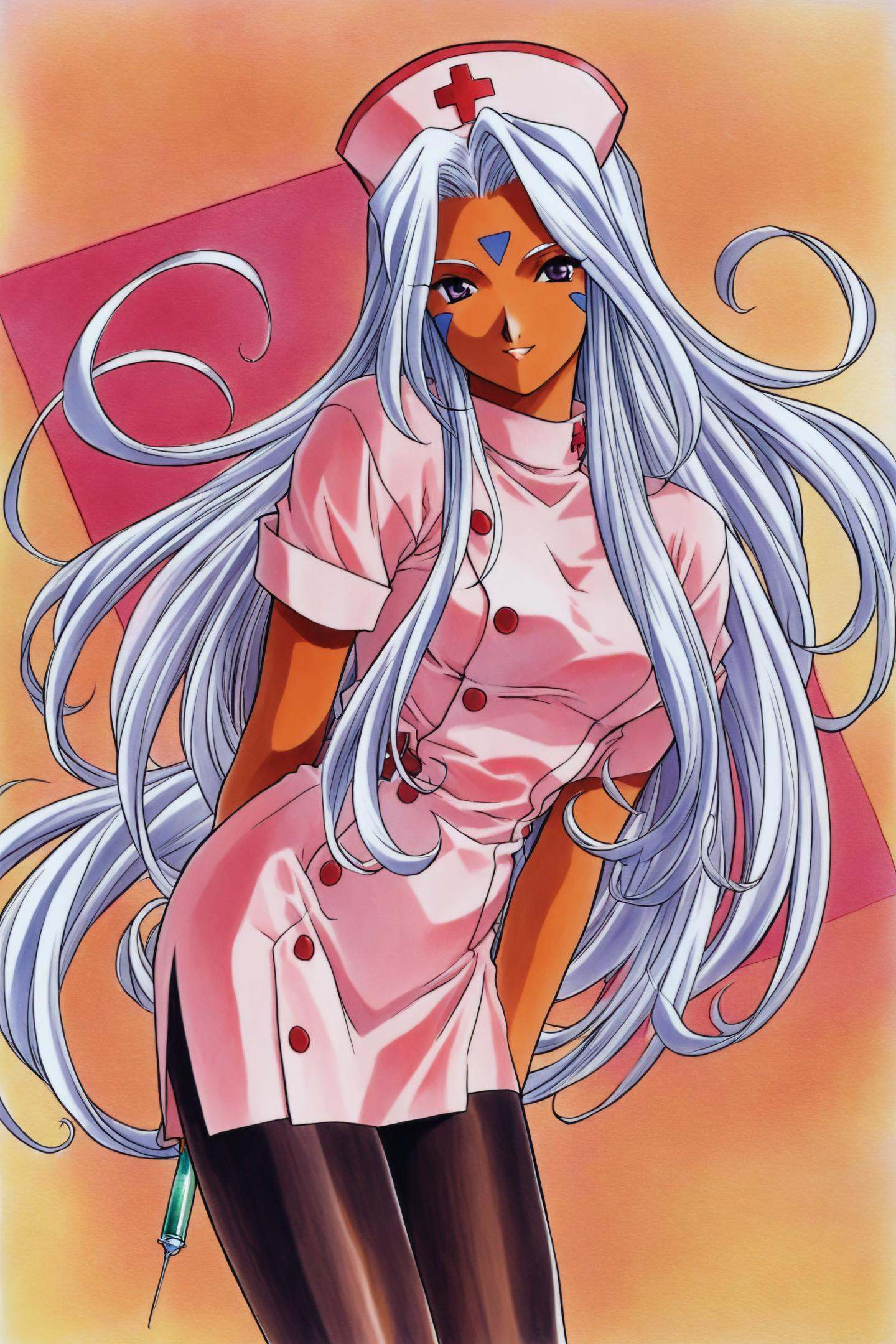 Urd,1girl,solo,nurse,syringe,long hair,hat,forehead mark,facial mark,nurse cap,pantyhose,dark skin,white hair,dark-skinned female,very long hair,traditional media,1990s \(style\),<lora:Kosuke Fujishima_illustriousXL:0.8>,