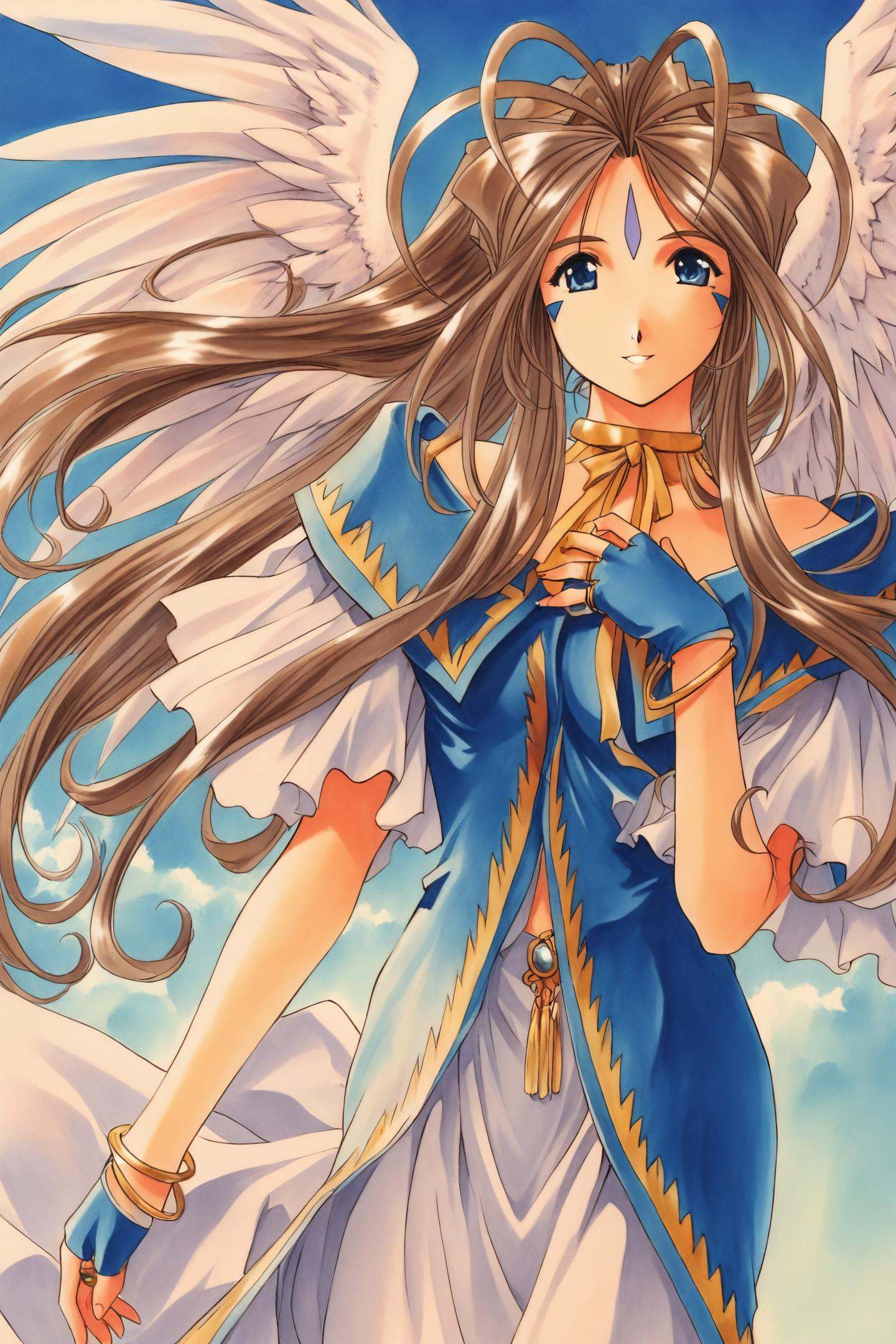 Belldandy,1girl,solo,wings,long hair,facial mark,jewelry,brown hair,forehead mark,blue eyes,bracelet,fingerless gloves,gloves,day,sky,cloud,angel wings,standing,ring,upper body,hand on own chest,traditional media,<lora:Kosuke Fujishima_illustriousXL:0.8>,