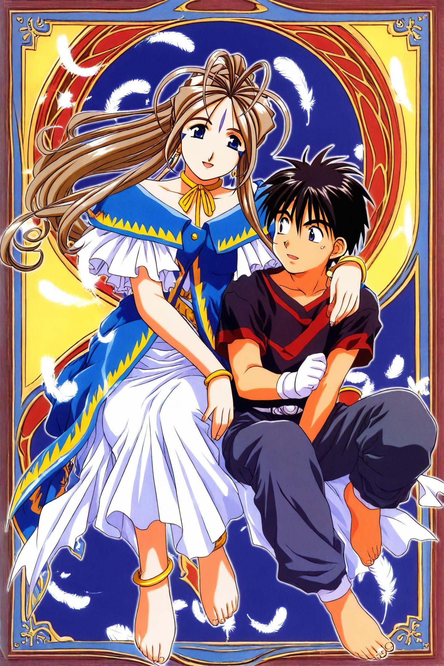 1girl,Belldandy,1boy,Morisato Keiichi,facial mark,jewelry,long hair,black hair,brown hair,ponytail,blue eyes,bracelet,feathers,forehead mark,anklet,barefoot,dress,couple,hetero,gloves,bow,1990s (style),earrings,<lora:Kosuke Fujishima_illustriousXL:0.8>,