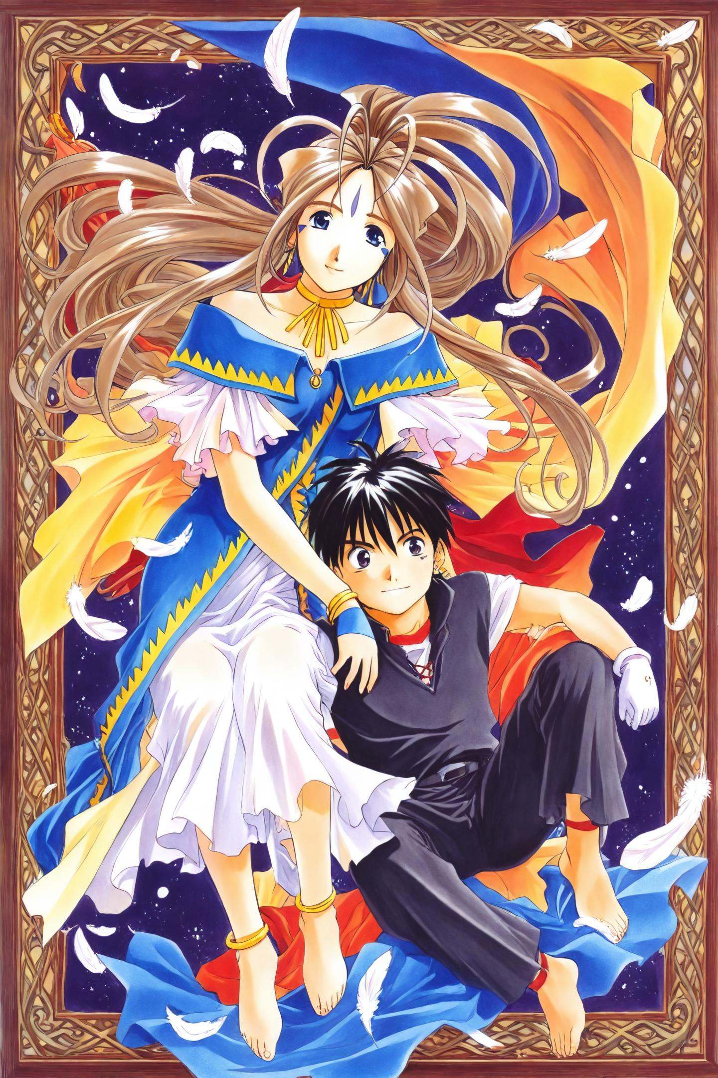 1girl,Belldandy,1boy,Morisato Keiichi,facial mark,jewelry,long hair,black hair,brown hair,ponytail,blue eyes,bracelet,feathers,forehead mark,anklet,barefoot,dress,couple,hetero,gloves,bow,earrings,traditional media,<lora:Kosuke Fujishima_illustriousXL:0.8>,