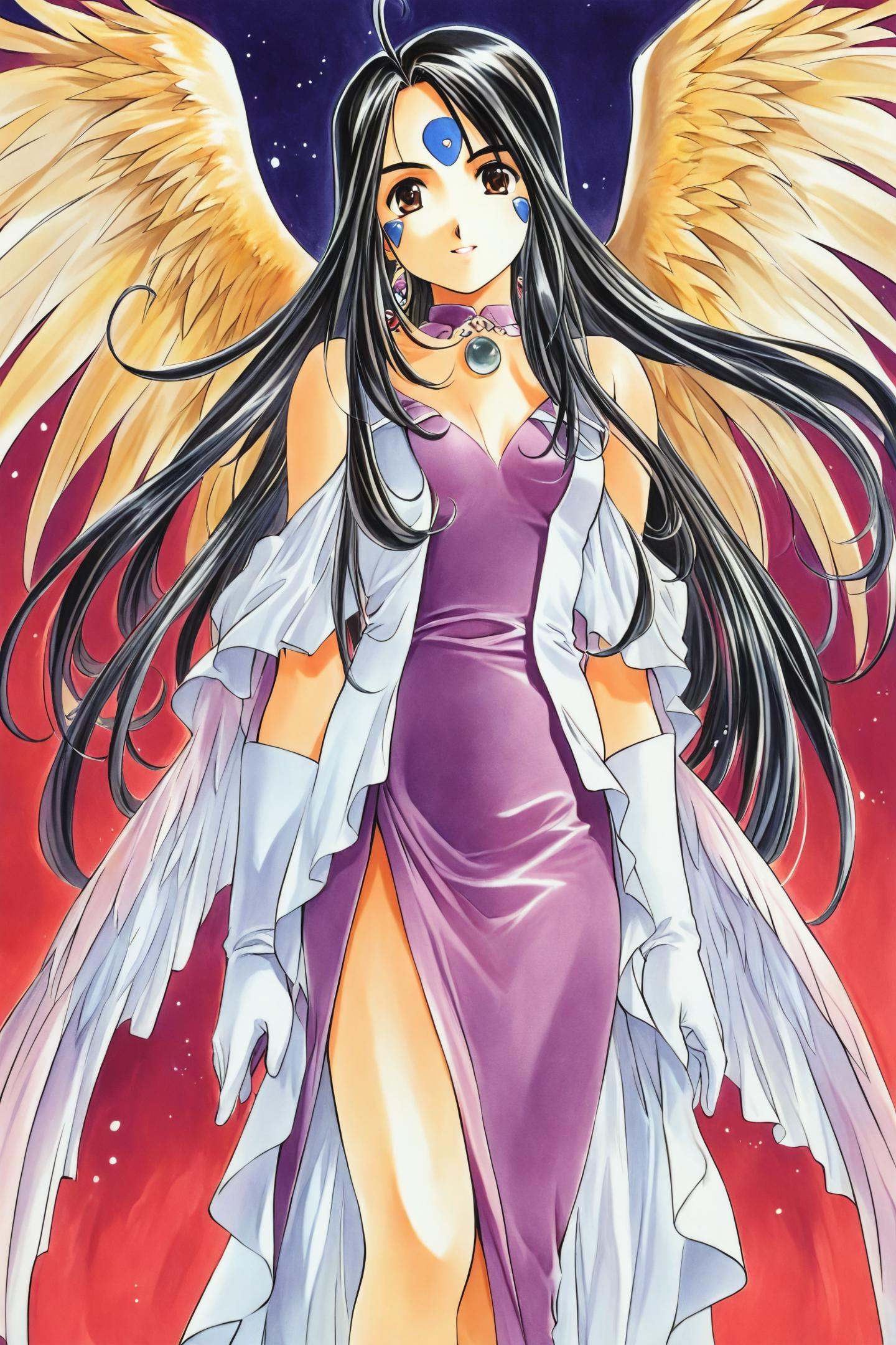 Skuld,1girl,solo,long hair,wings,black hair,gloves,facial mark,brown eyes,forehead mark,jewelry,dress,traditional media,<lora:Kosuke Fujishima_illustriousXL:0.8>,