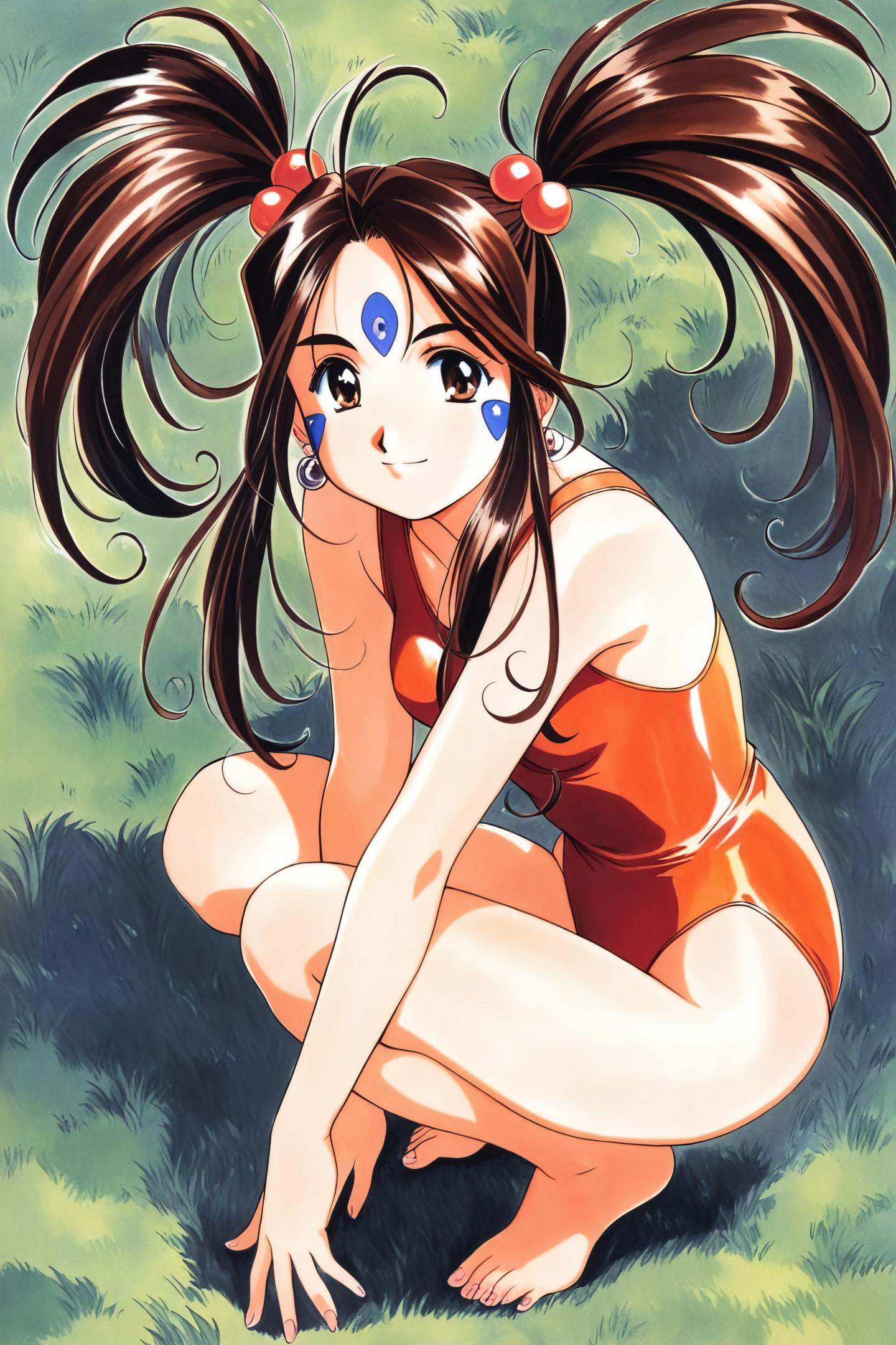 Skuld,1girl,solo,twintails,facial mark,swimsuit,one-piece swimsuit,forehead mark,brown eyes,brown hair,long hair,1990s (style),squatting,barefoot,jewelry,earrings,retro artstyle,hair bobbles,traditional media,looking at viewer,<lora:Kosuke Fujishima_illustriousXL:0.8>,