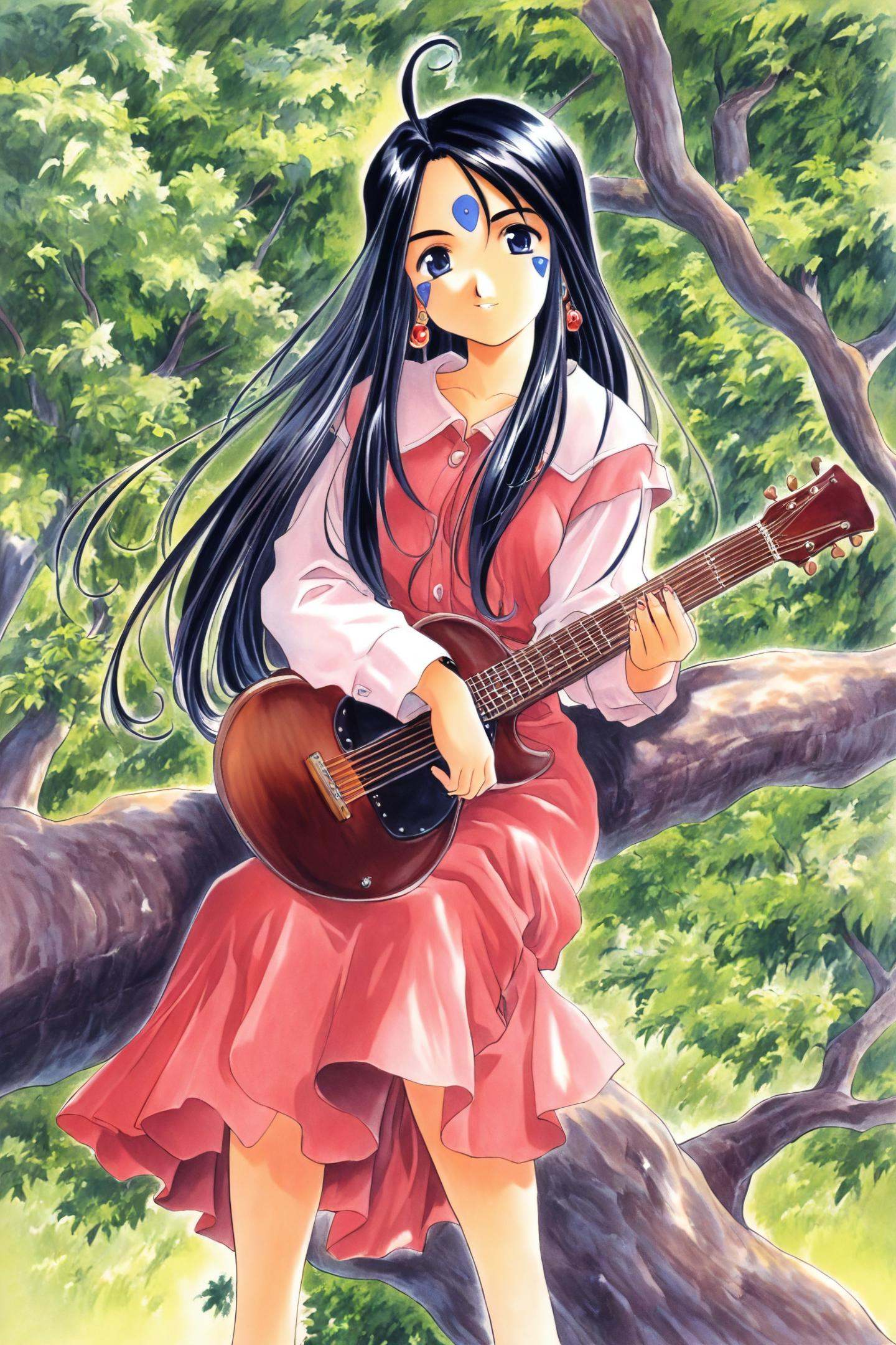 Skuld,1girl,solo,long hair,instrument,facial mark,dress,forehead mark,tree,jewelry,black hair,sitting,earrings,in tree,traditional media,1990s \(style\),<lora:Kosuke Fujishima_illustriousXL:0.8>,