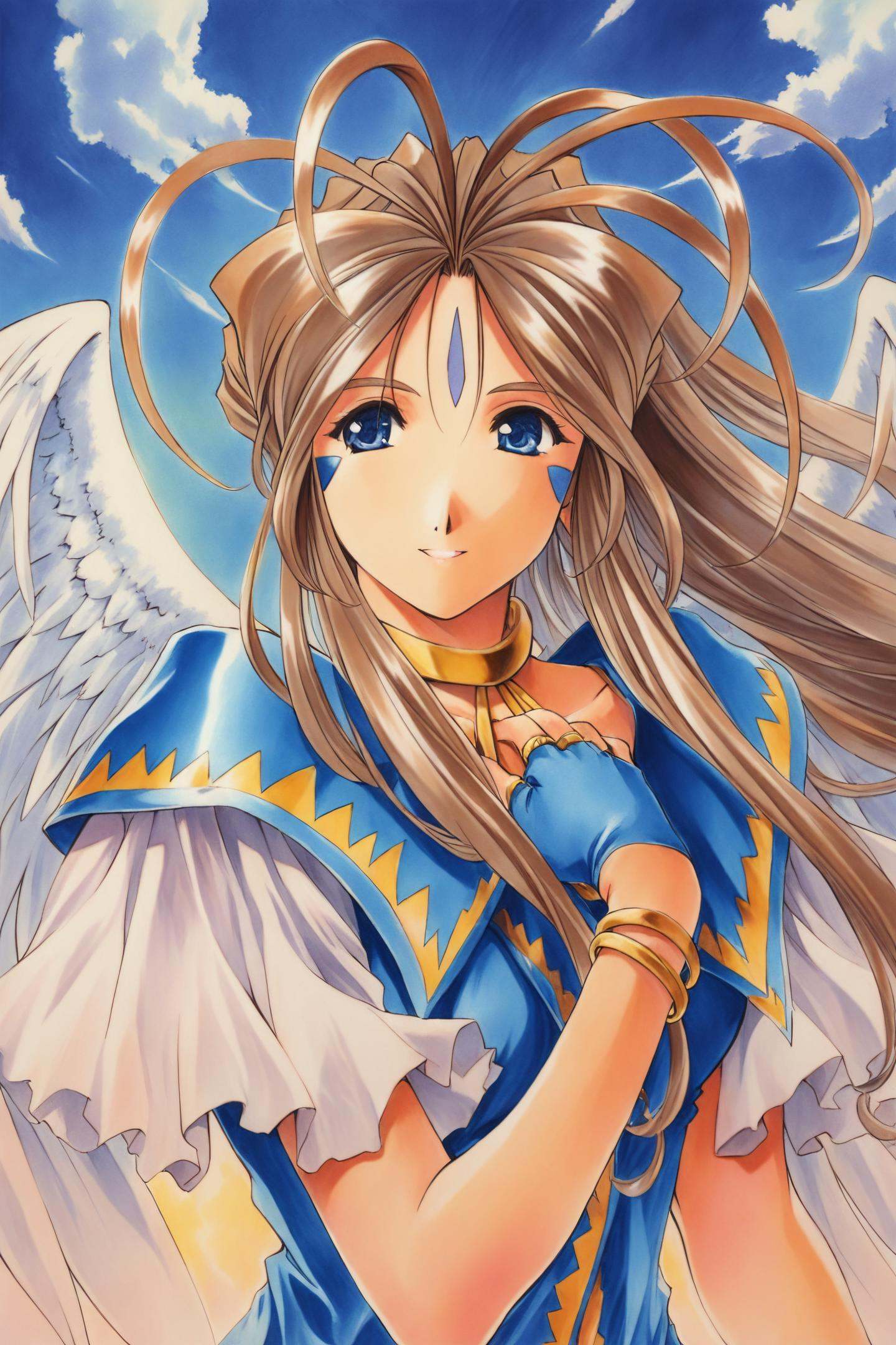 Belldandy,1girl,solo,wings,long hair,facial mark,jewelry,brown hair,forehead mark,blue eyes,bracelet,fingerless gloves,gloves,day,sky,cloud,angel wings,standing,ring,upper body,hand on own chest,traditional media,<lora:Kosuke Fujishima_illustriousXL:0.8>,