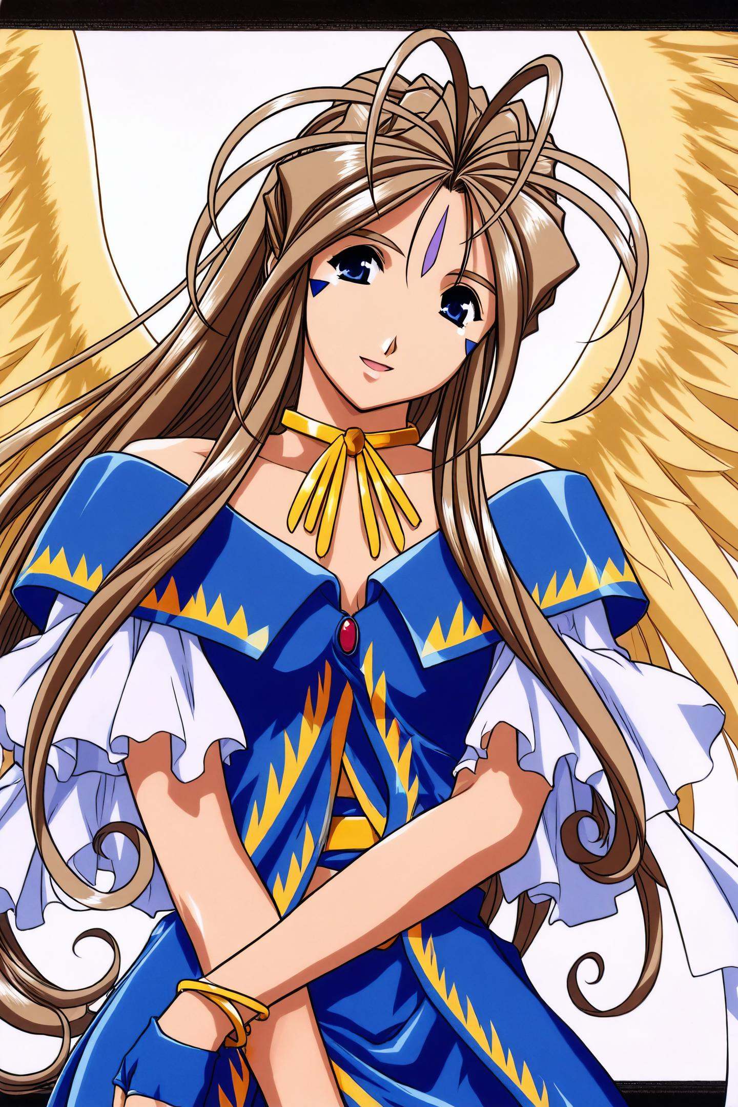Belldandy,1girl,solo,long hair,jewelry,wings,brown hair,facial mark,gloves,forehead mark,bracelet,fingerless gloves,blue eyes,dress,white background,<lora:Kosuke Fujishima_illustriousXL:0.8>,