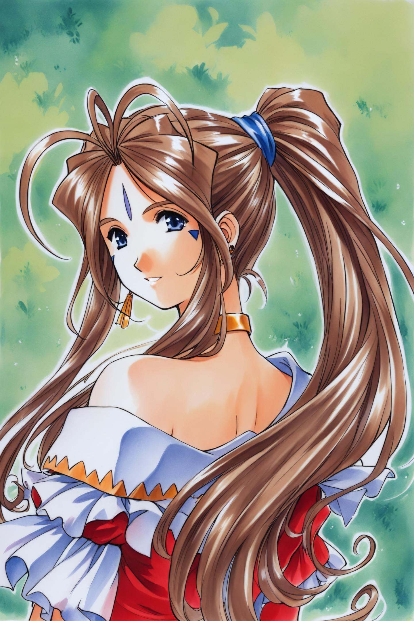 Belldandy,1girl,solo,long hair,jewelry,brown hair,earrings,ponytail,facial mark,choker,forehead mark,looking back,traditional media,<lora:Kosuke Fujishima_illustriousXL:0.8>,