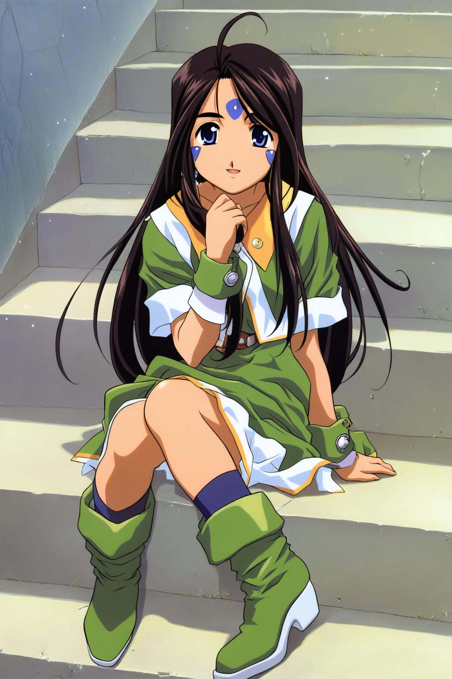 Skuld,1girl,solo,facial mark,long hair,forehead mark,sitting,dress,brown hair,jewelry,sitting on stairs,stairs,black hair,boots,socks,blue eyes,<lora:Kosuke Fujishima_illustriousXL:0.8>,