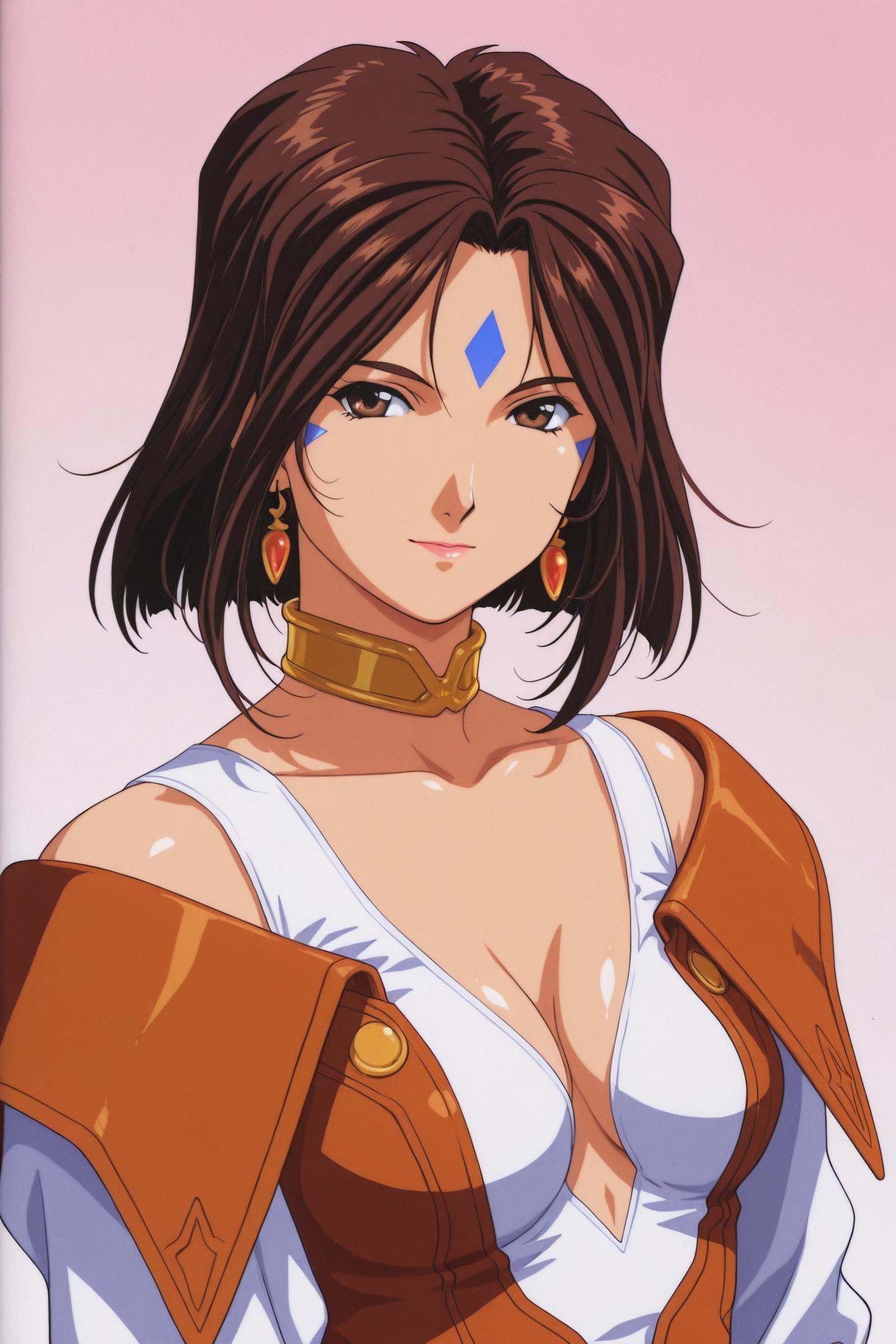 Anime Style,Peorth,1girl,solo,jewelry,earrings,brown hair,breasts,brown eyes,1990s \(style\),cleavage,facial mark,forehead mark,medium breasts,looking at viewer,<lora:Ah! My Goddess_illustriousXL:1>,