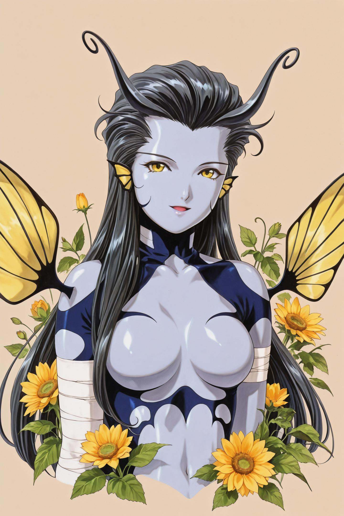 Morgan,1girl,solo,yellow eyes,wings,colored skin,black hair,breasts,long hair,antennae,insect wings,genderswap \(mtf\),genderswap,monster girl,arthropod girl,grey skin,medium breasts,upper body,insect wings,looking at viewer,light smile,bandage,simple background,(traditional media:1.5),flower,open mouth,<lora:Ah! My Goddess_illustriousXL:1.3>,