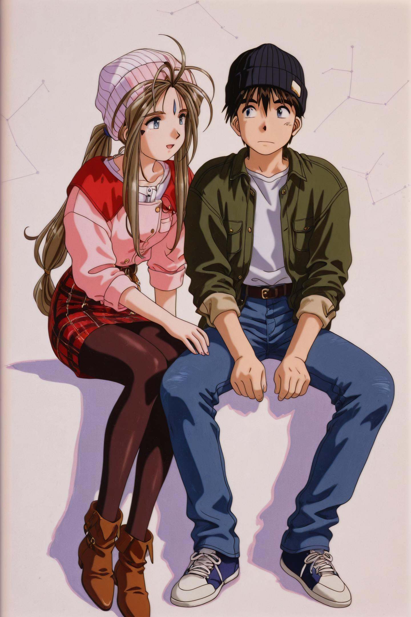 OVA Style,Belldandy,1girl,1boy,Keima Morisato,retro artstyle,1990s \(style\),constellation,brown hair,hat,long hair,facial mark,pantyhose,skirt,forehead mark,plaid,sitting,braid,denim,blue eyes,pants,jeans,beanie,<lora:Ah! My Goddess_illustriousXL:1.2>,
