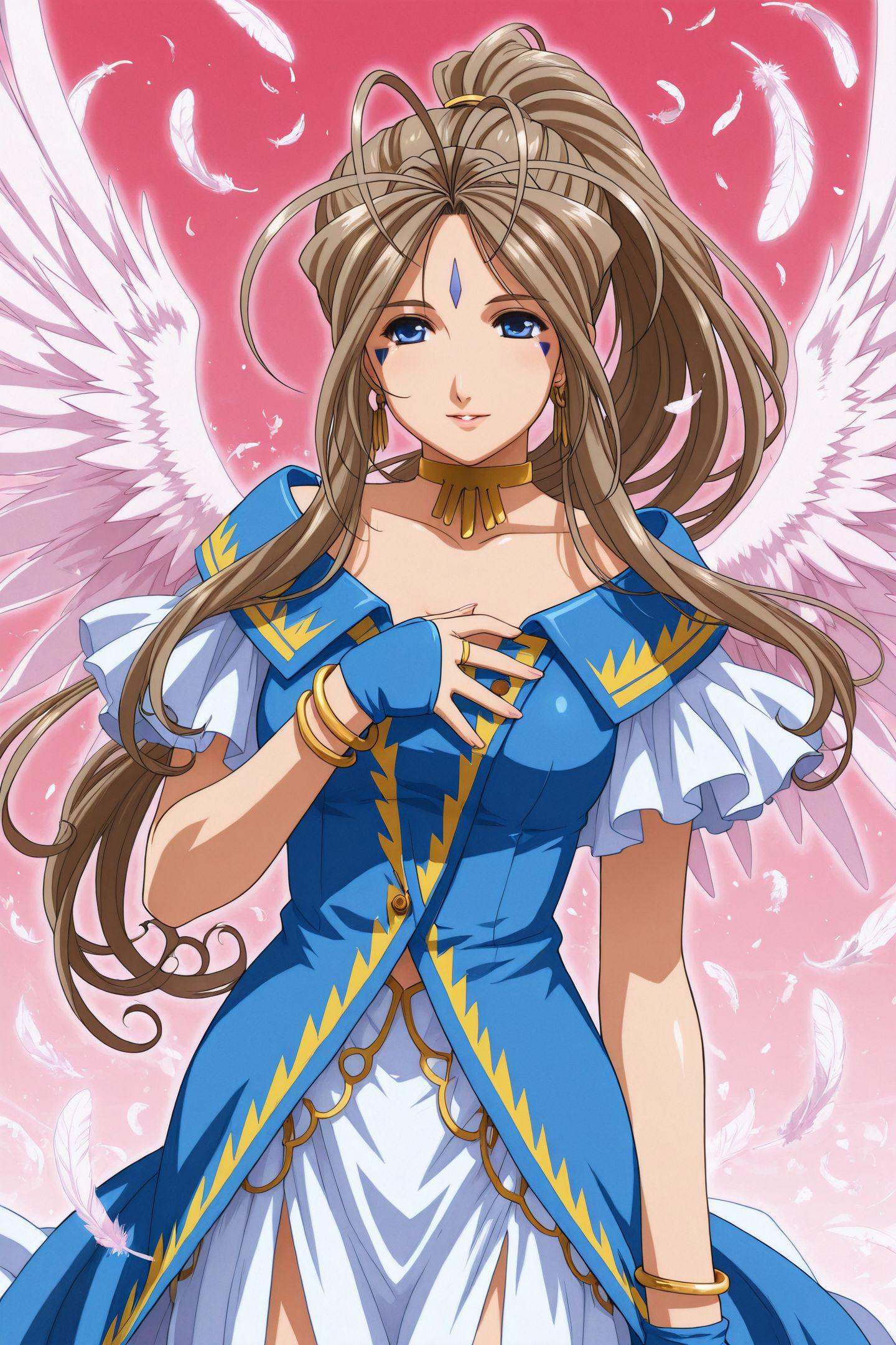 Anime Style,Belldandy,1girl,solo,facial mark,jewelry,long hair,feathers,brown hair,forehead mark,wings,blue eyes,bracelet,earrings,ponytail,gloves,choker,ring,<lora:Ah! My Goddess_illustriousXL:1>,