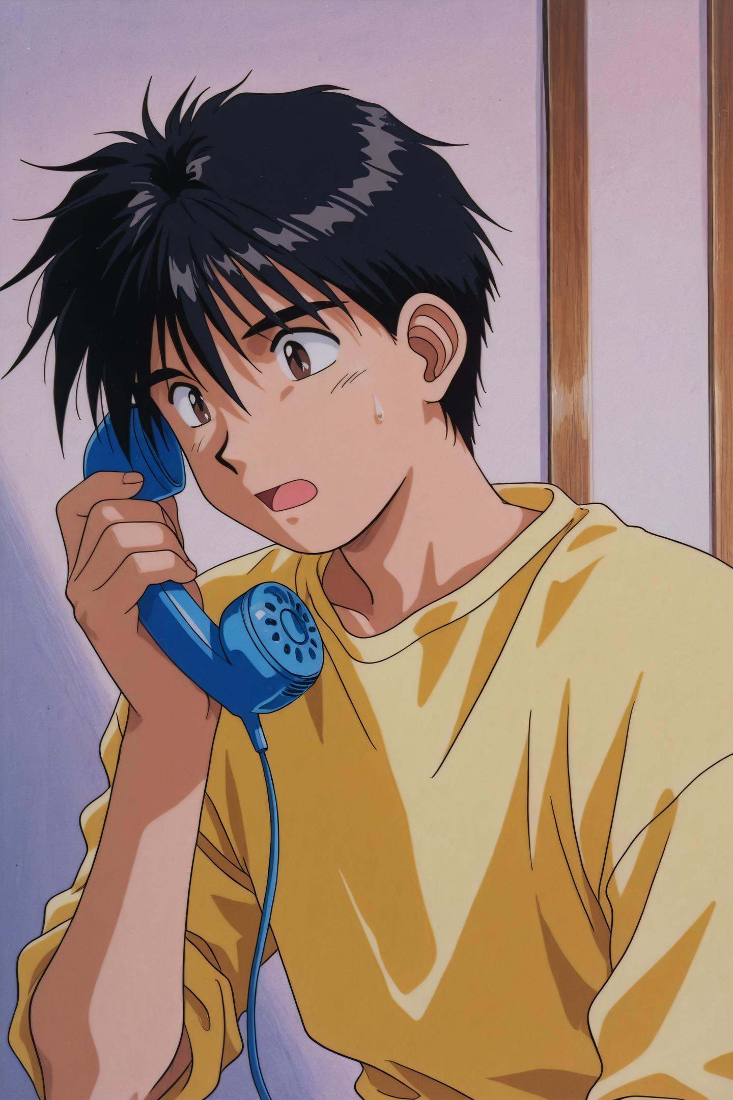 OVA Style,Keima Morisato,1boy,male focus,solo,black hair,phone,holding,open mouth,brown eyes,retro artstyle,corded phone,short hair,shirt,yellow shirt,talking on phone,upper body,1990s \(style\),<lora:Ah! My Goddess_illustriousXL:1>,