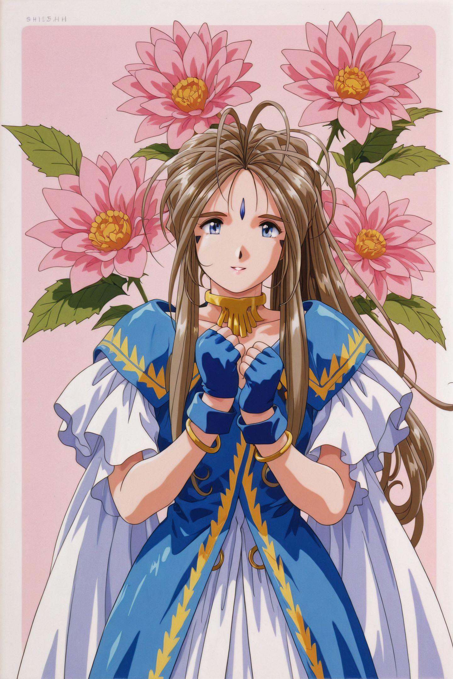 OVA Style,Belldandy,1girl,solo,facial mark,forehead mark,long hair,blue eyes,1990s \(style\),retro artstyle,brown hair,flower,jewelry,gloves,fingerless gloves,bracelet,looking at viewer,<lora:Ah! My Goddess_illustriousXL:1.2>,
