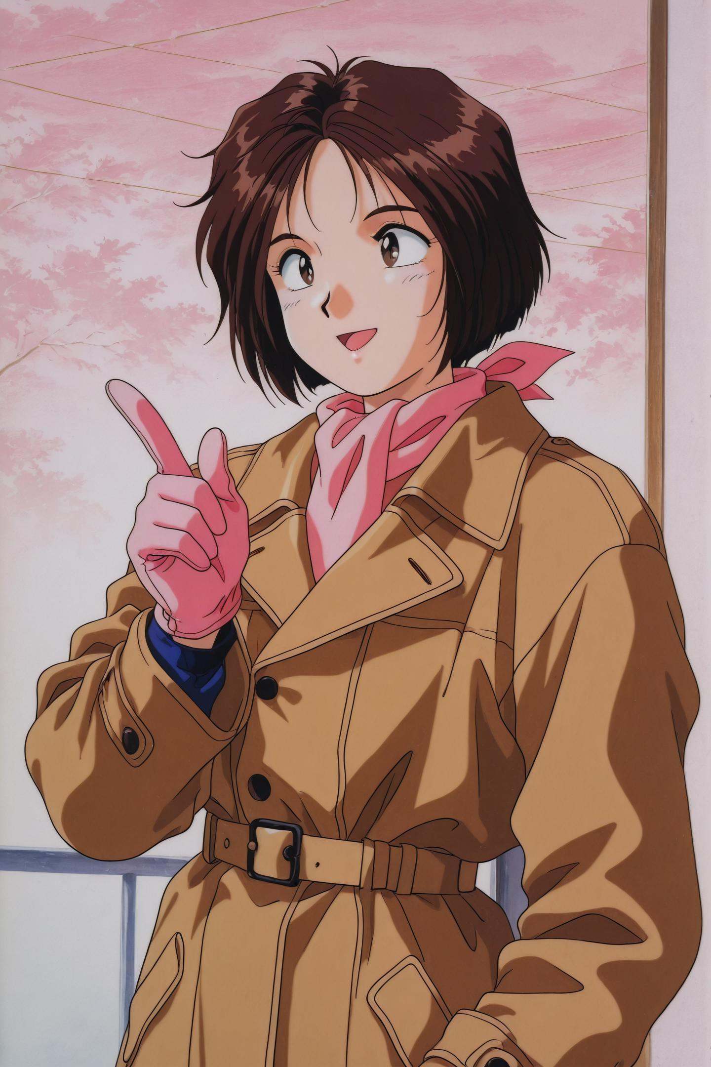 Megumi Morisato,OVA Style,retro artstyle,1girl,solo,1990s \(style\),gloves,short hair,brown hair,brown eyes,pink gloves,smile,open mouth,index finger raised,coat,pointing,scarf,upper body,jacket,<lora:Ah! My Goddess_illustriousXL:1>,