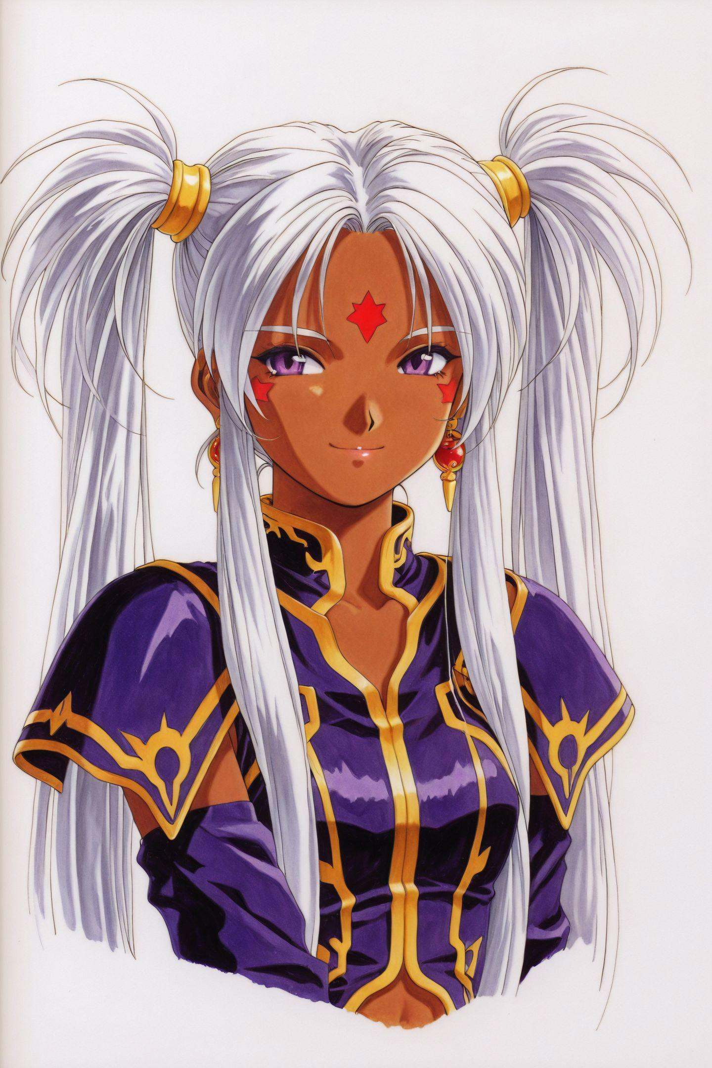 Hild,1girl,solo,forehead mark,facial mark,white hair,1990s \(style\),long hair,twintails,retro artstyle,jewelry,smile,white background,purple eyes,earrings,dark skin,simple background,traditional media,<lora:Ah! My Goddess_illustriousXL:1>,