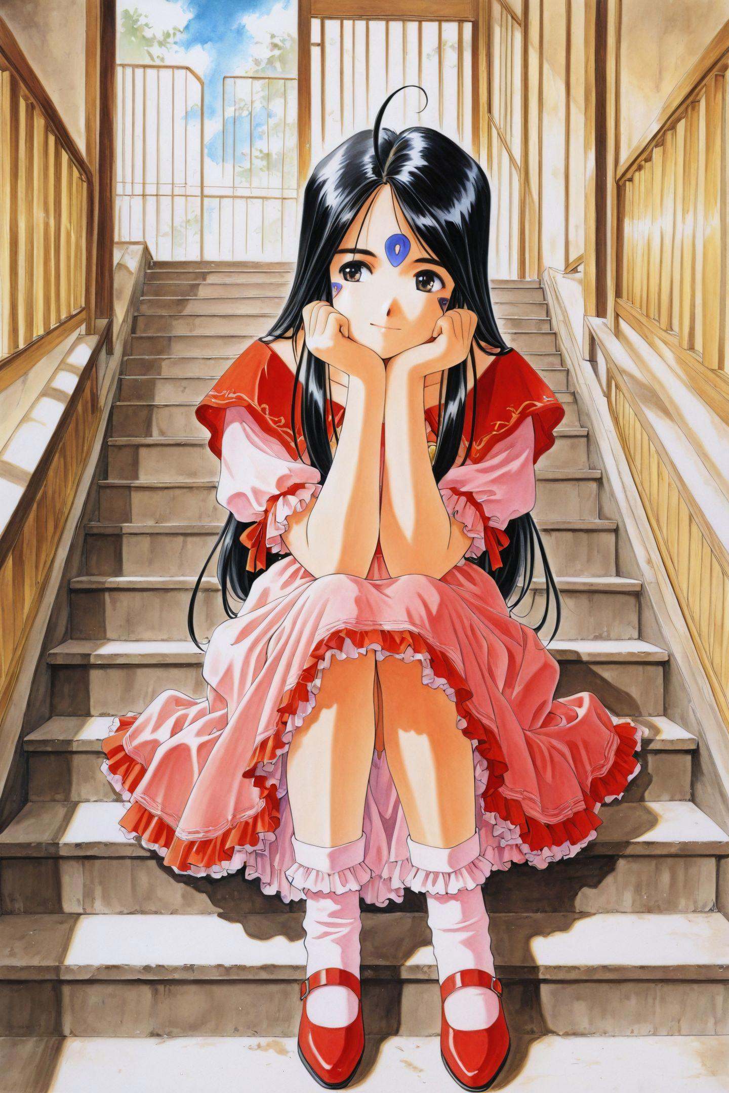 Skuld,1girl,solo,facial mark,forehead mark,long hair,sitting,stairs,black hair,dress,sitting on stairs,frills,socks,retro artstyle,traditional media,head rest,<lora:Ah! My Goddess_illustriousXL:1>,