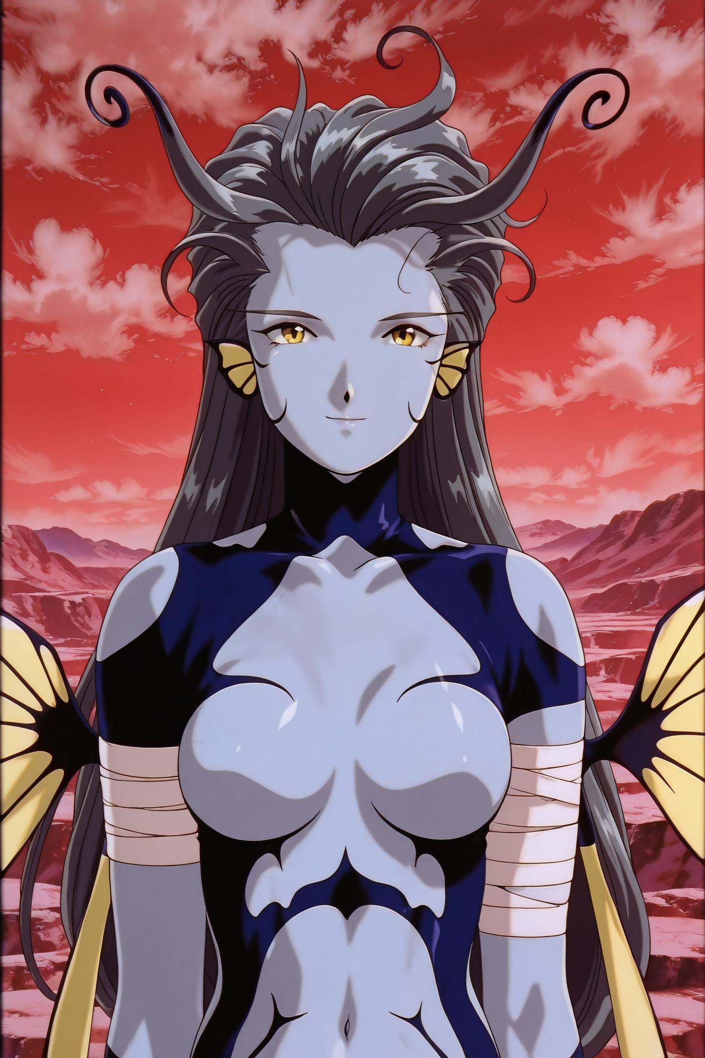 OVA Style,Morgan,1girl,solo,yellow eyes,wings,colored skin,black hair,breasts,long hair,antennae,cloud,sky,insect wings,outdoors,genderswap \(mtf\),genderswap,red sky,monster girl,arthropod girl,grey skin,medium breasts,retro artstyle,1990s \(style\),upper body,insect wings,looking at viewer,light smile,bandage,<lora:Ah! My Goddess_illustriousXL:1.3>,