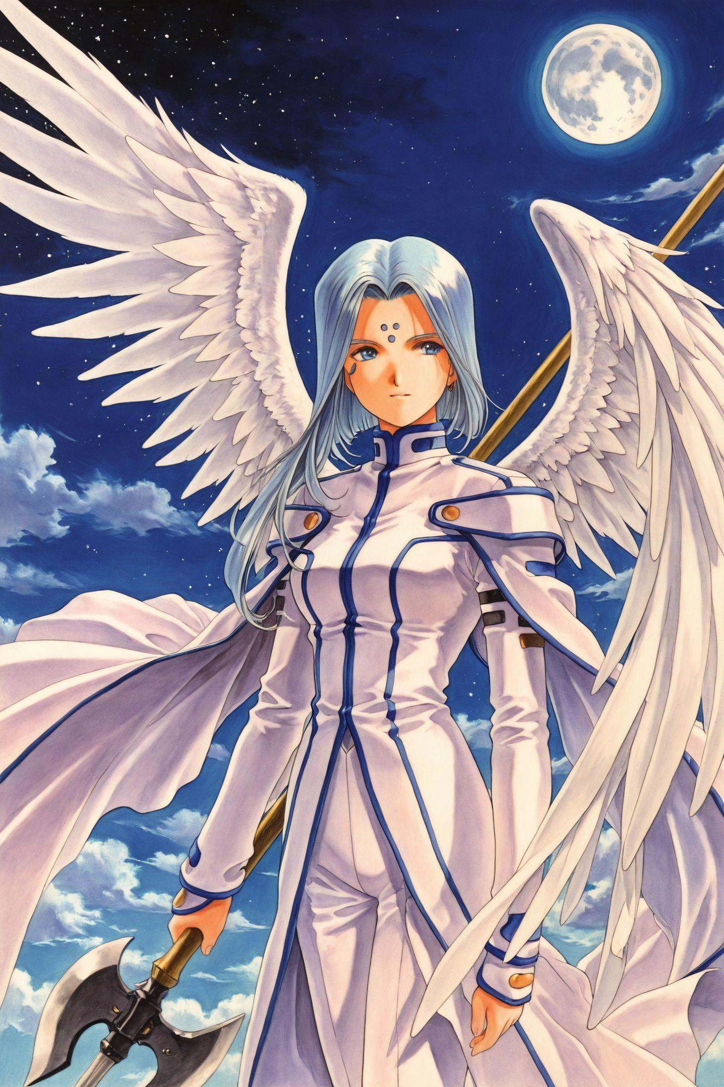Lind,solo,moon,weapon,wings,blue hair,polearm,1990s \(style\),forehead mark,retro artstyle,long hair,1girl,facial mark,angel wings,blue eyes,short hair,axe,traditional media,<lora:Ah! My Goddess_illustriousXL:1>,