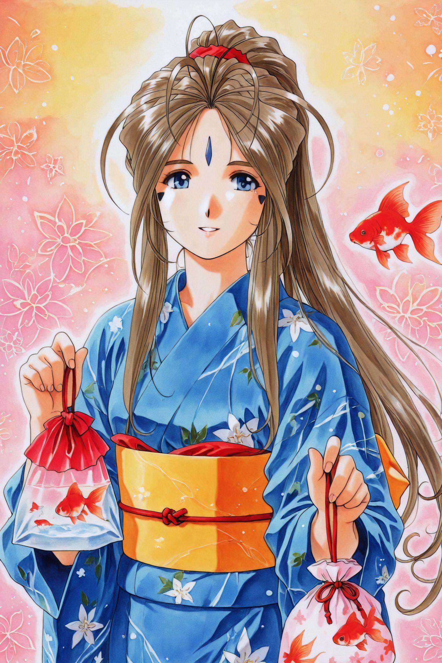 Belldandy,1girl,japanese clothes,goldfish,kimono,solo,1990s \(style\),forehead mark,goldfish,retro artstyle,brown hair,facial mark,long hair,long sleeves,sash,obi,yukata,blue kimono,holding bag,traditional media,colorful background,upper body,<lora:Ah! My Goddess_illustriousXL:1>,