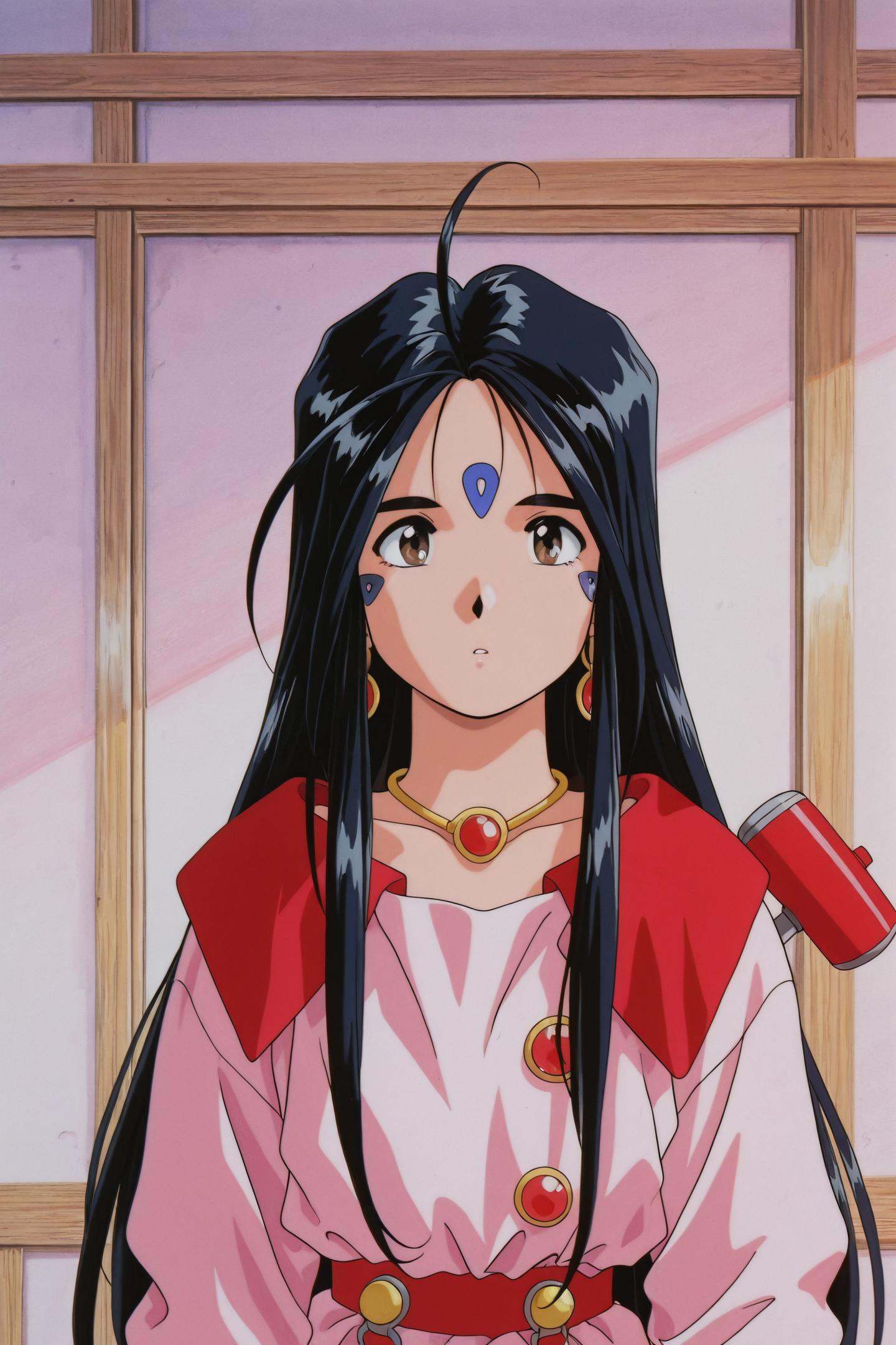 OVA Style,Skuld,1girl,solo,retro artstyle,1990s \(style\),long hair,forehead mark,black hair,hammer,jewelry,facial mark,looking at viewer,ahoge,necklace,<lora:Ah! My Goddess_illustriousXL:1>,