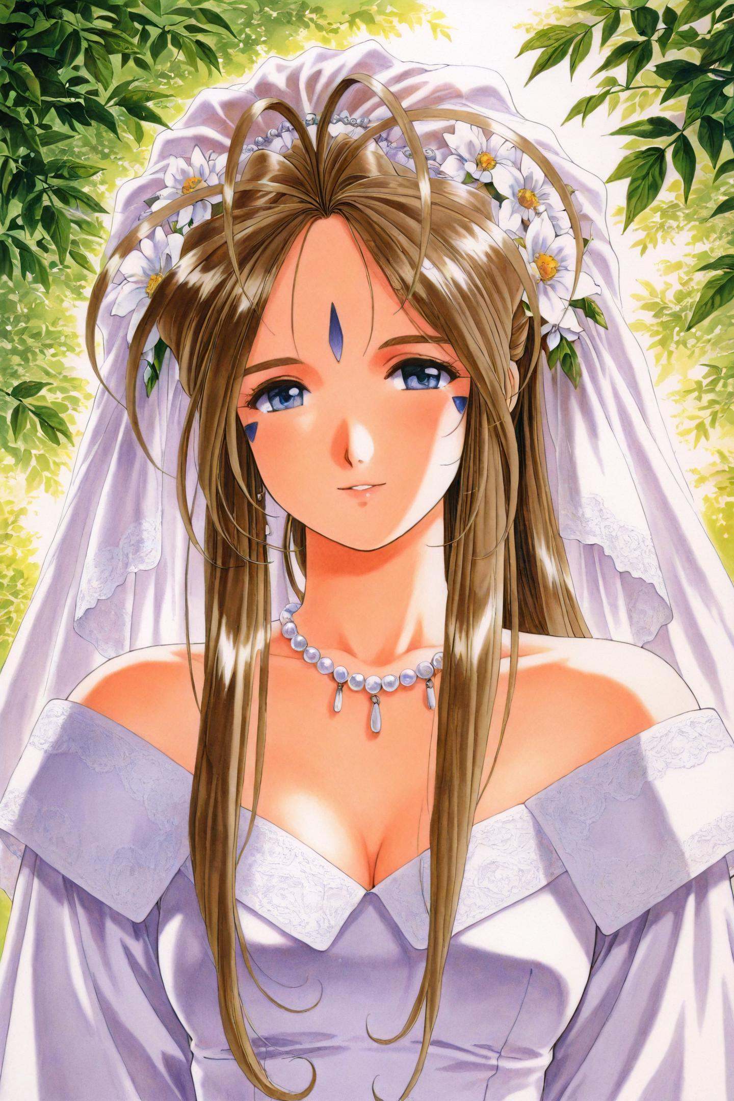 Belldandy,1girl,retro artstyle,solo,1990s \(style\),long hair,outdoors,veil,hair flower,white flower,wedding dress,leaf,upper body,white dress,pearl necklace,looking at viewer,bride,bridal veil,traditional media,forehead mark,retro artstyle,brown hair,facial mark,<lora:Ah! My Goddess_illustriousXL:1>,