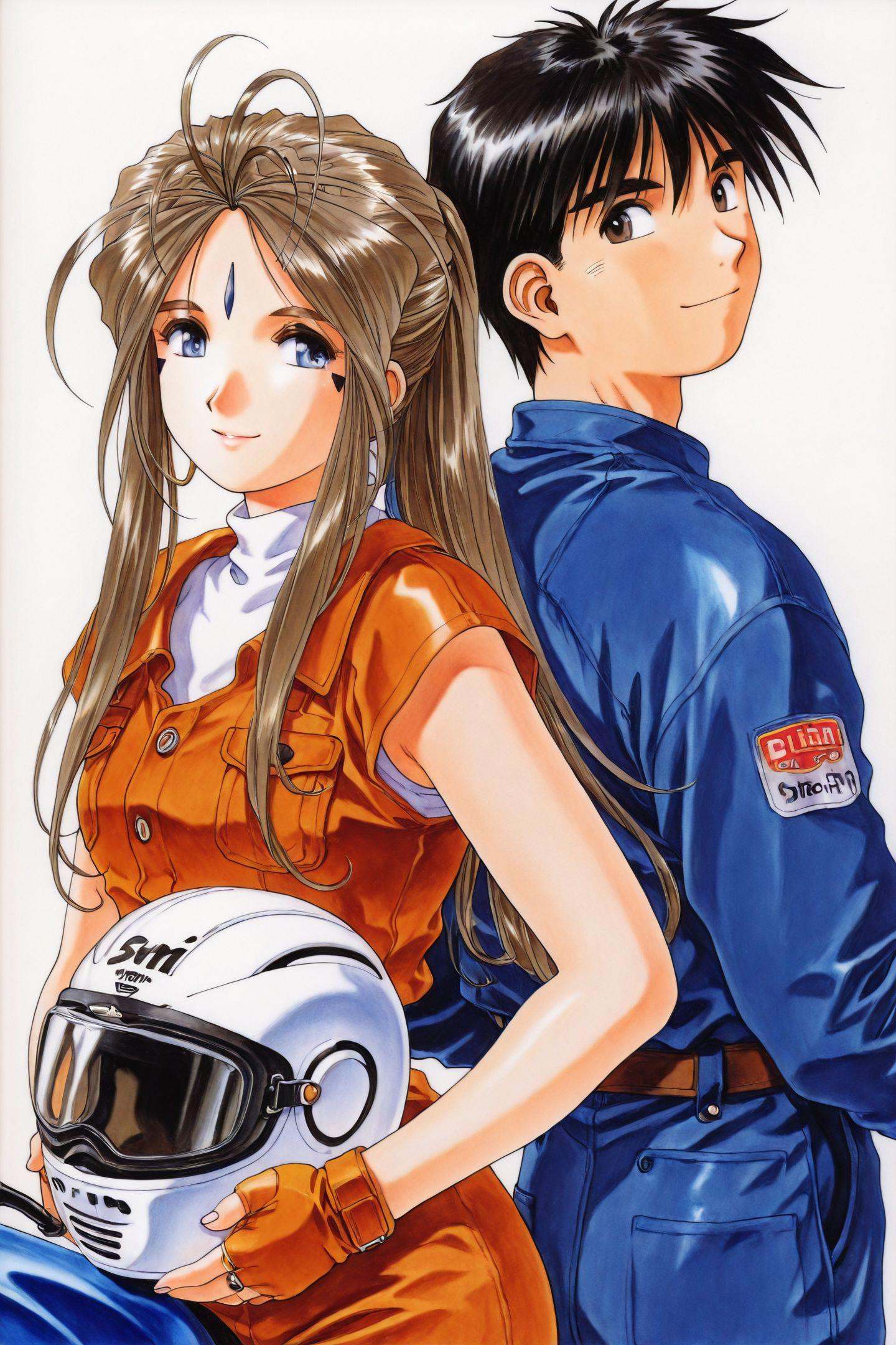 1girl,Belldandy,1boy,Morisato Keiichi,retro artstyle,long hair,blue eyes,brown hair,helmet,brown eyes,black hair,facial mark,ring,goggles,1990s \(style\),jewelry,motorcycle helmet,forehead mark,back-to-back,smile,traditional media,<lora:Ah! My Goddess_illustriousXL:1.3>,