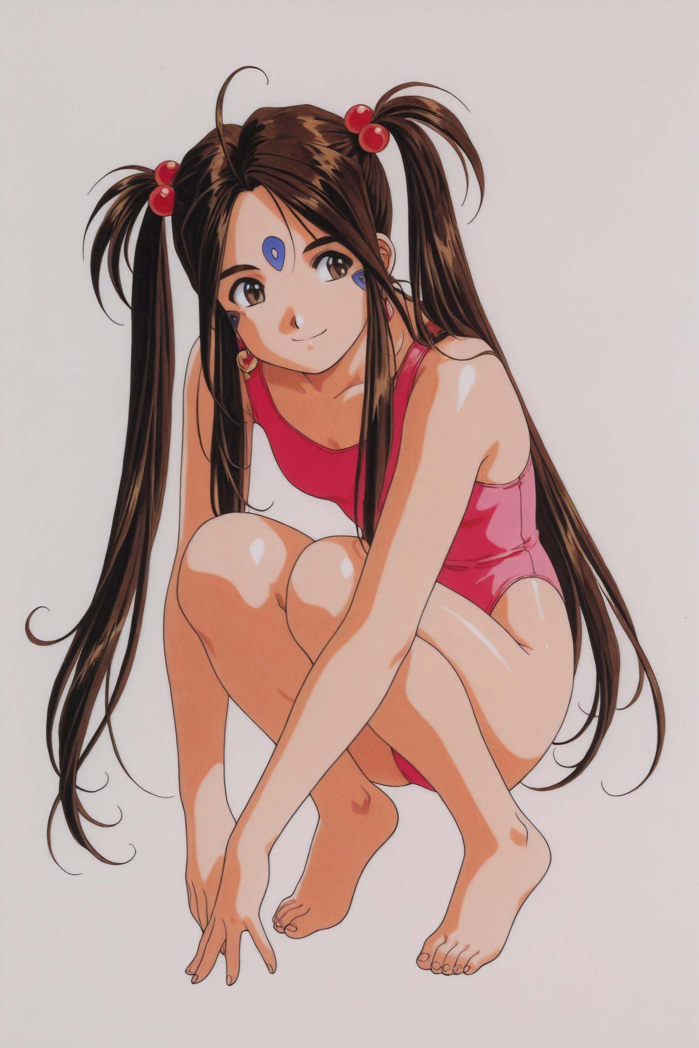 Skuld,1girl,solo,forehead mark,1990s \(style\),facial mark,twintails,retro artstyle,brown eyes,barefoot,one-piece swimsuit,long hair,swimsuit,brown hair,hair bobbles,squatting,feet,casual one-piece swimsuit,smile,simple background,traditional media,<lora:Ah! My Goddess_illustriousXL:1>,