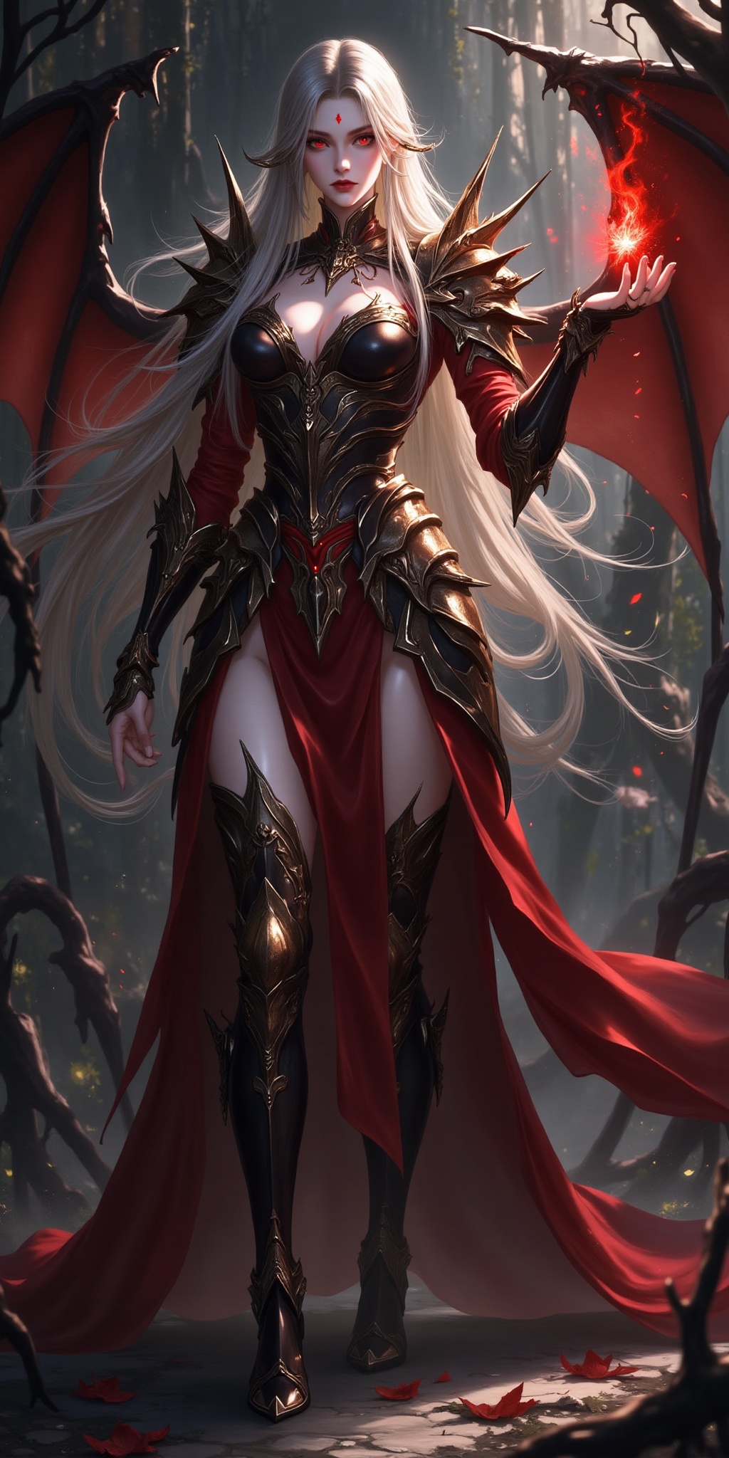This is a highly detailed digital painting in a fantasy art style,  depicting a powerful,  winged warrior woman. She stand...
