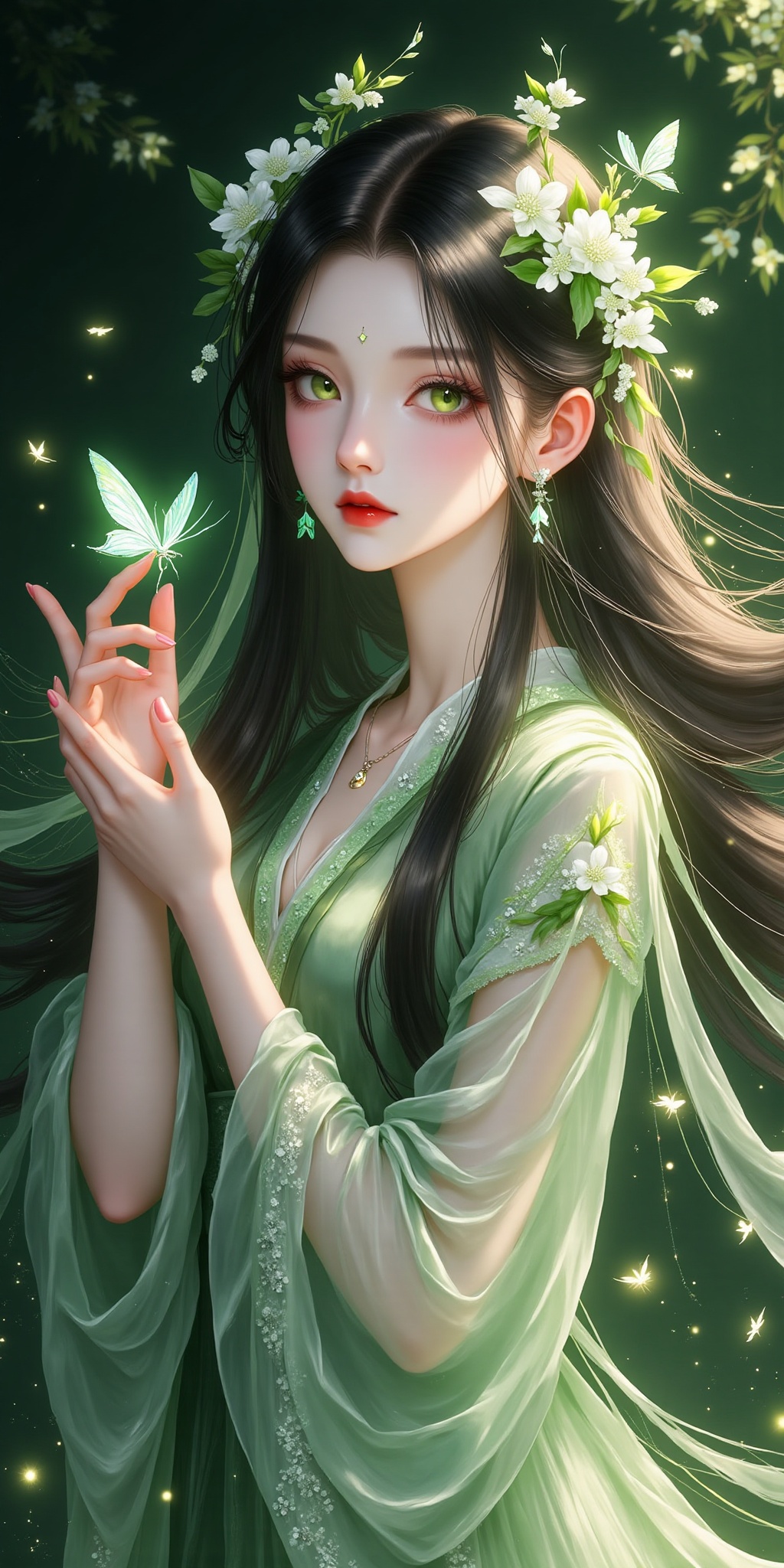 This is a highly detailed,  digital illustration depicting a young woman with long,  flowing dark hair adorned with white...