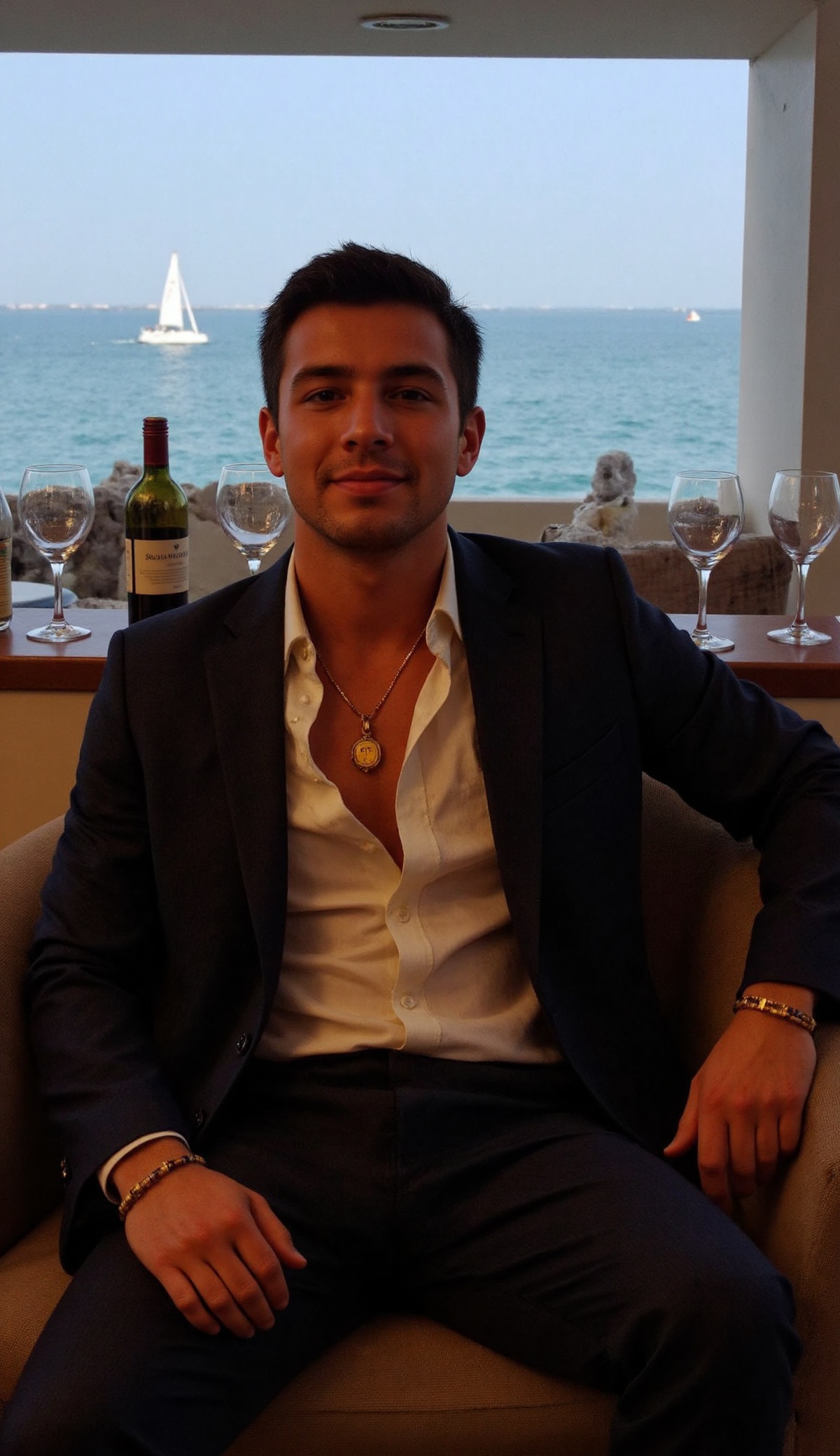 The image depicts a man sitting on a luxurious chair,  dressed in a dark suit with a white shirt that is unbuttoned,  reve...