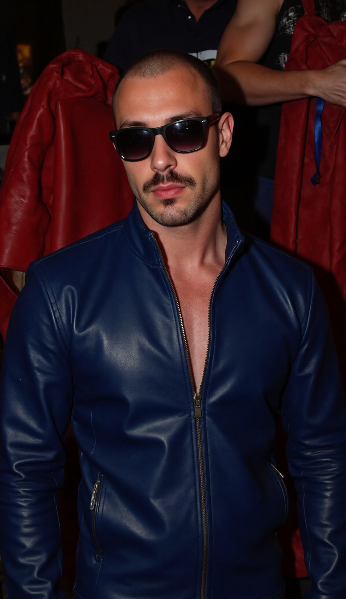 The image depicts a person wearing a shiny blue leather jacket with a zipper. The individual has a well-defined muscular b...
