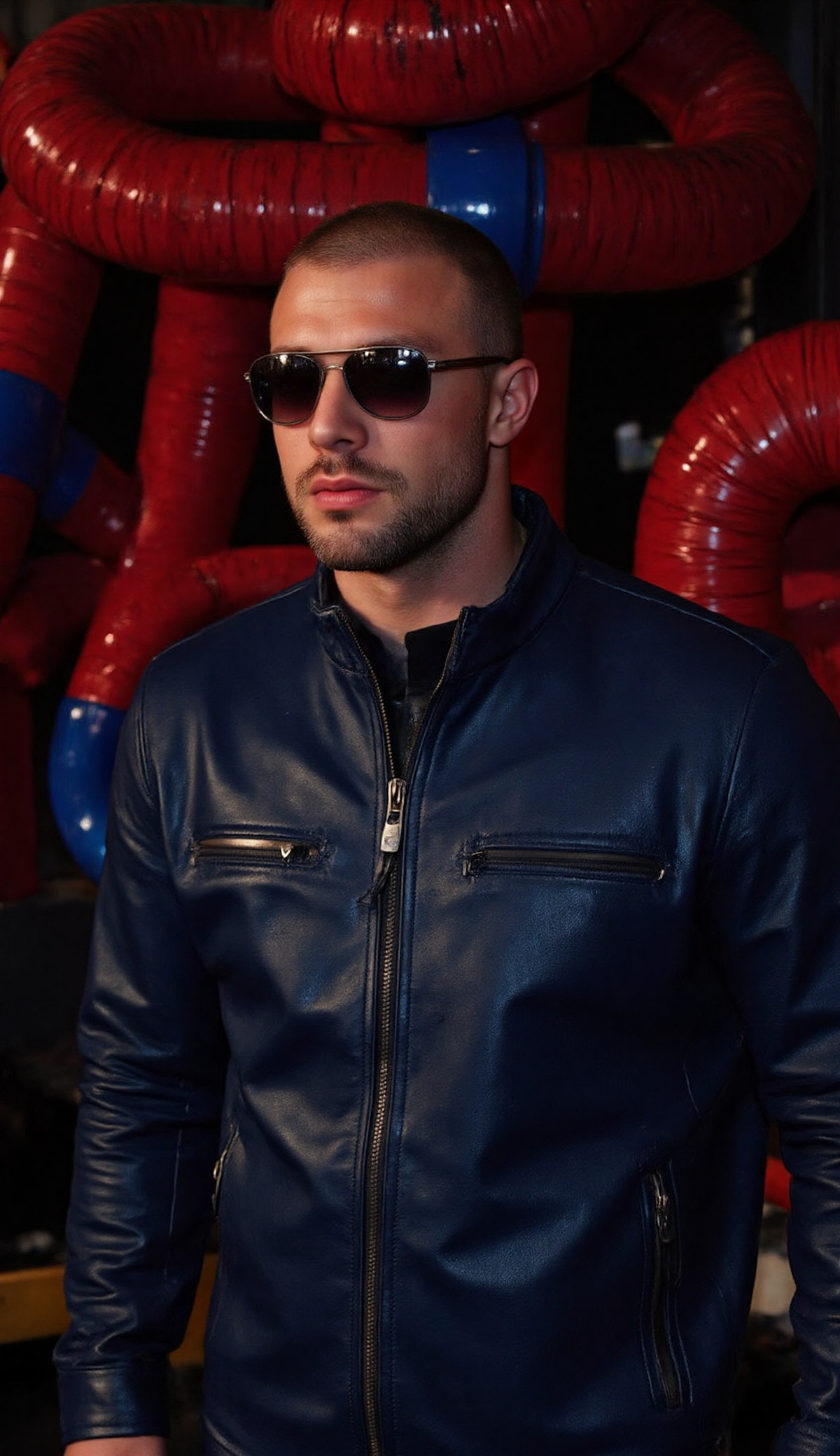 The image depicts a person wearing a shiny blue leather jacket with a zipper. The individual has a well-defined muscular b...