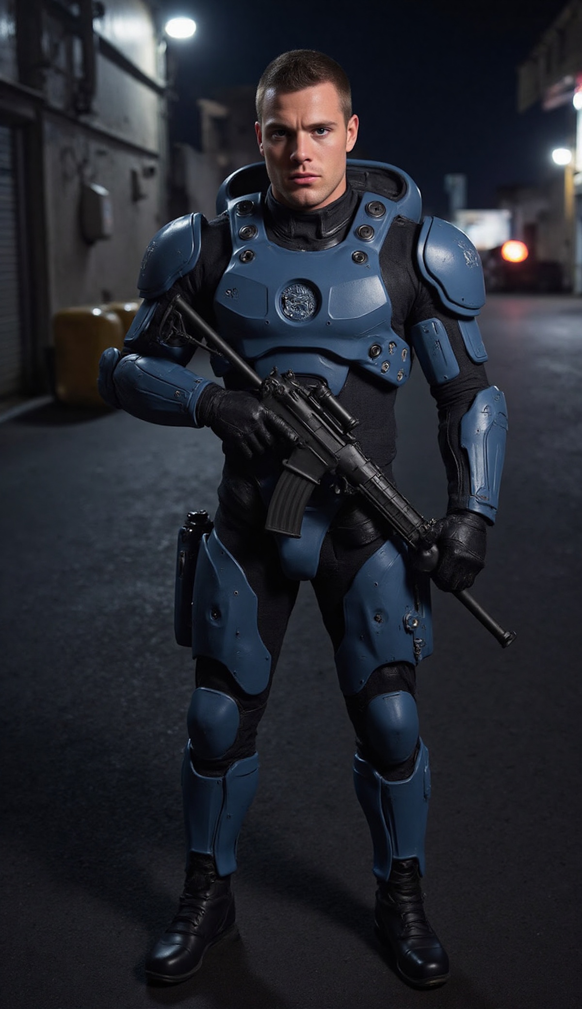 The image depicts a character in a futuristic armored suit,  standing confidently in an urban environment. The character i...
