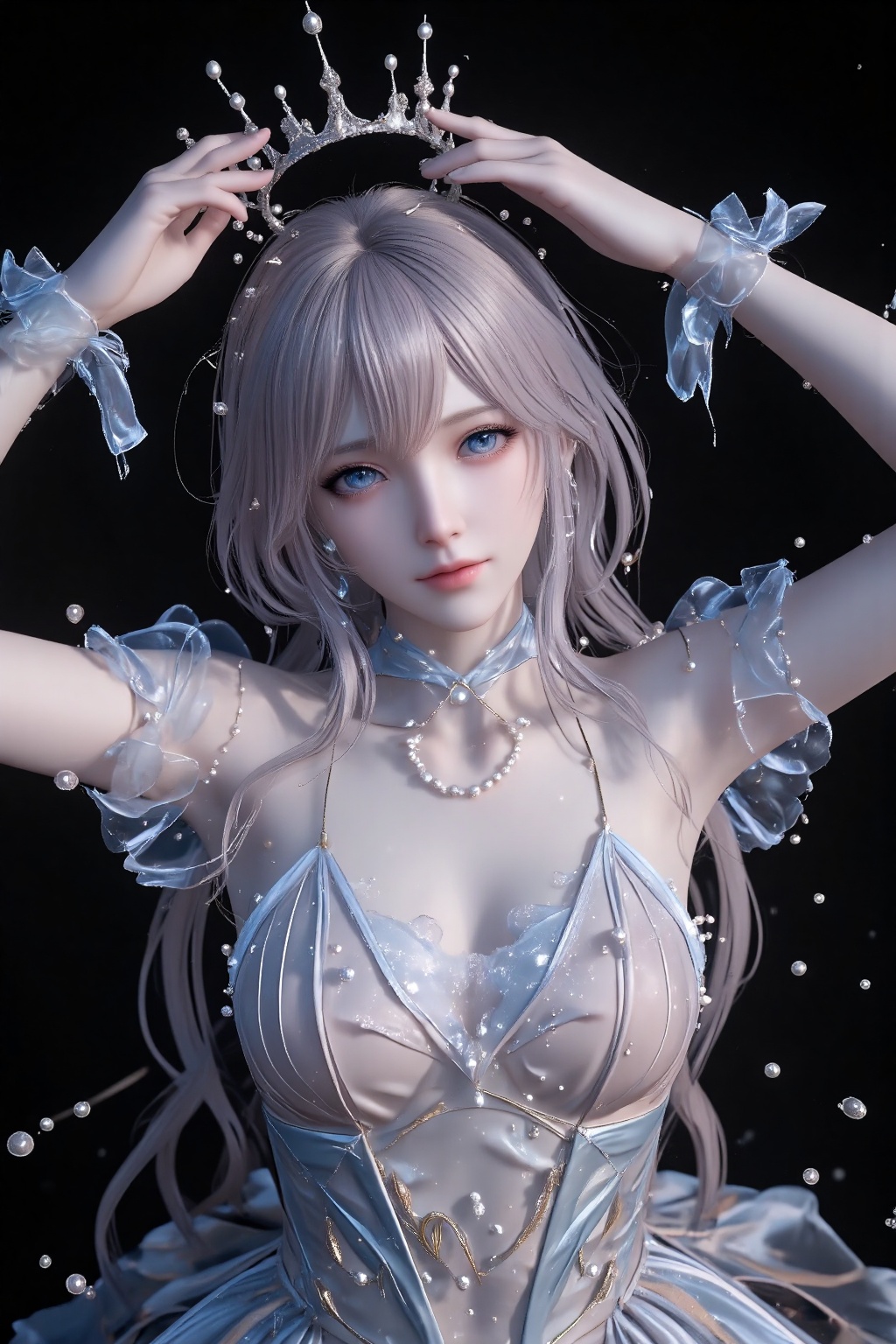 A digital CGI artwork of a pale-skinned,  ethereal woman with long,  flowing silver hair and large blue eyes. She wears a...