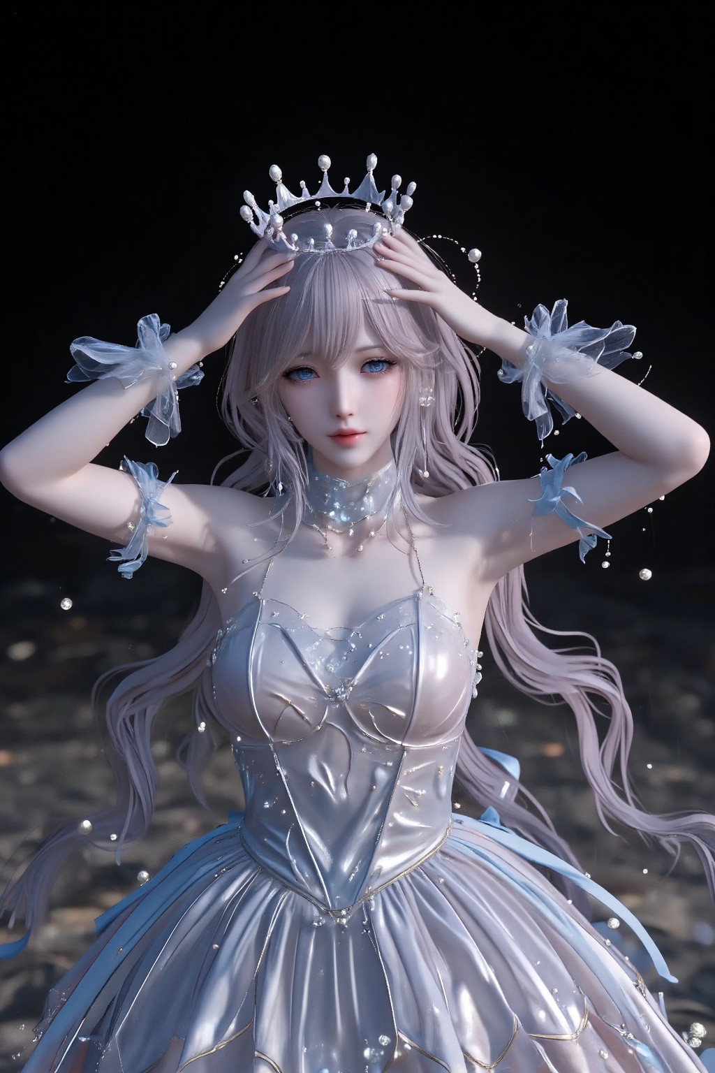 A digital CGI artwork of a pale-skinned,  ethereal woman with long,  flowing silver hair and large blue eyes. She wears a...