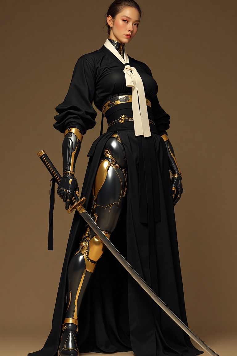 This striking image depicts a cybernetic samurai woman exuding stoic power and refined grace. She stands against a muted b...
