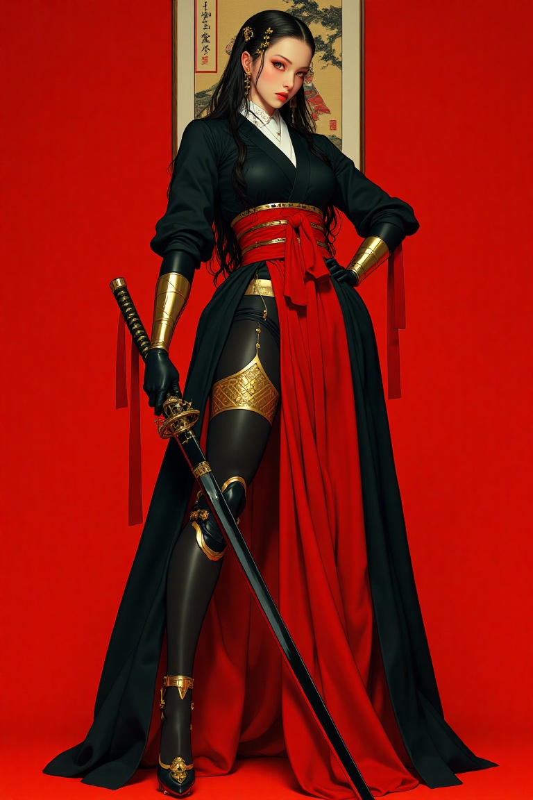 The image depicts a striking,  stylized character with a futuristic yet traditional appearance. She stands confidently,  w...