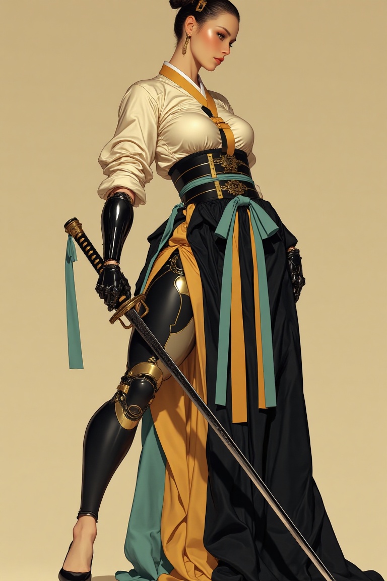 This image portrays a cyber-enhanced warrior woman,  poised in a powerful stance with one leg slightly forward and a katan...