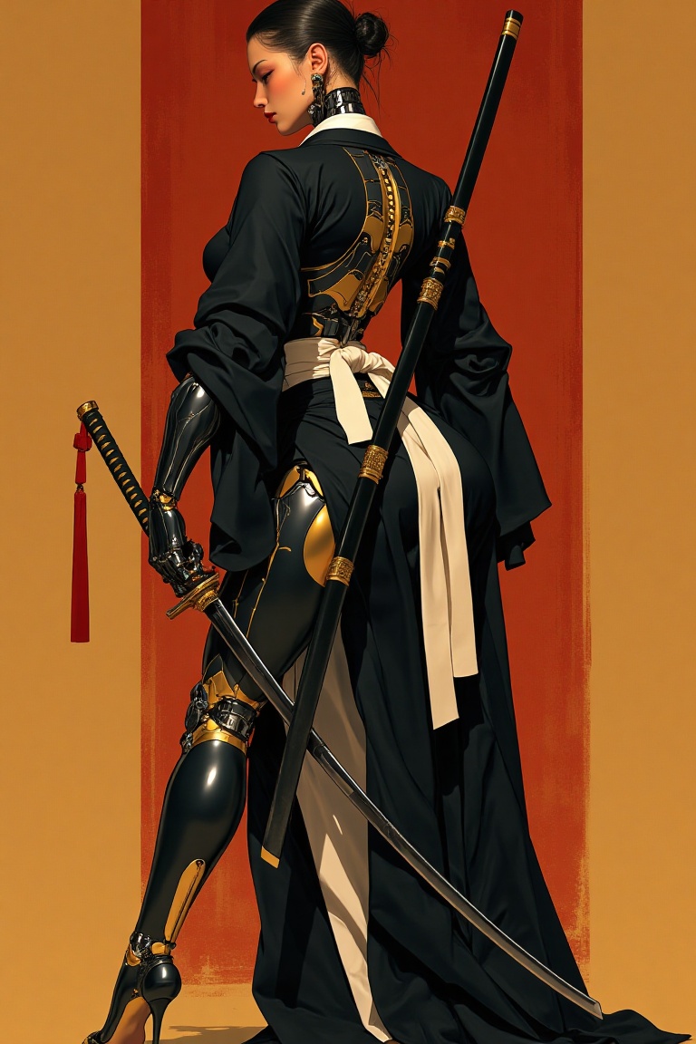 This striking artwork features a cybernetic female warrior—an elegant fusion of human grace and advanced technology. Dress...