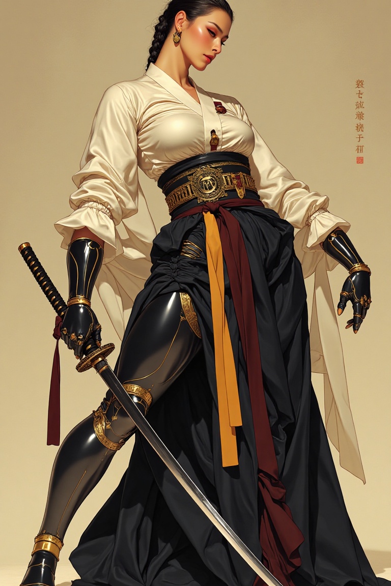 “Describe a poised warrior at the intersection of elegance and steel. Her silk blouse gleams under soft light,  cinched by...