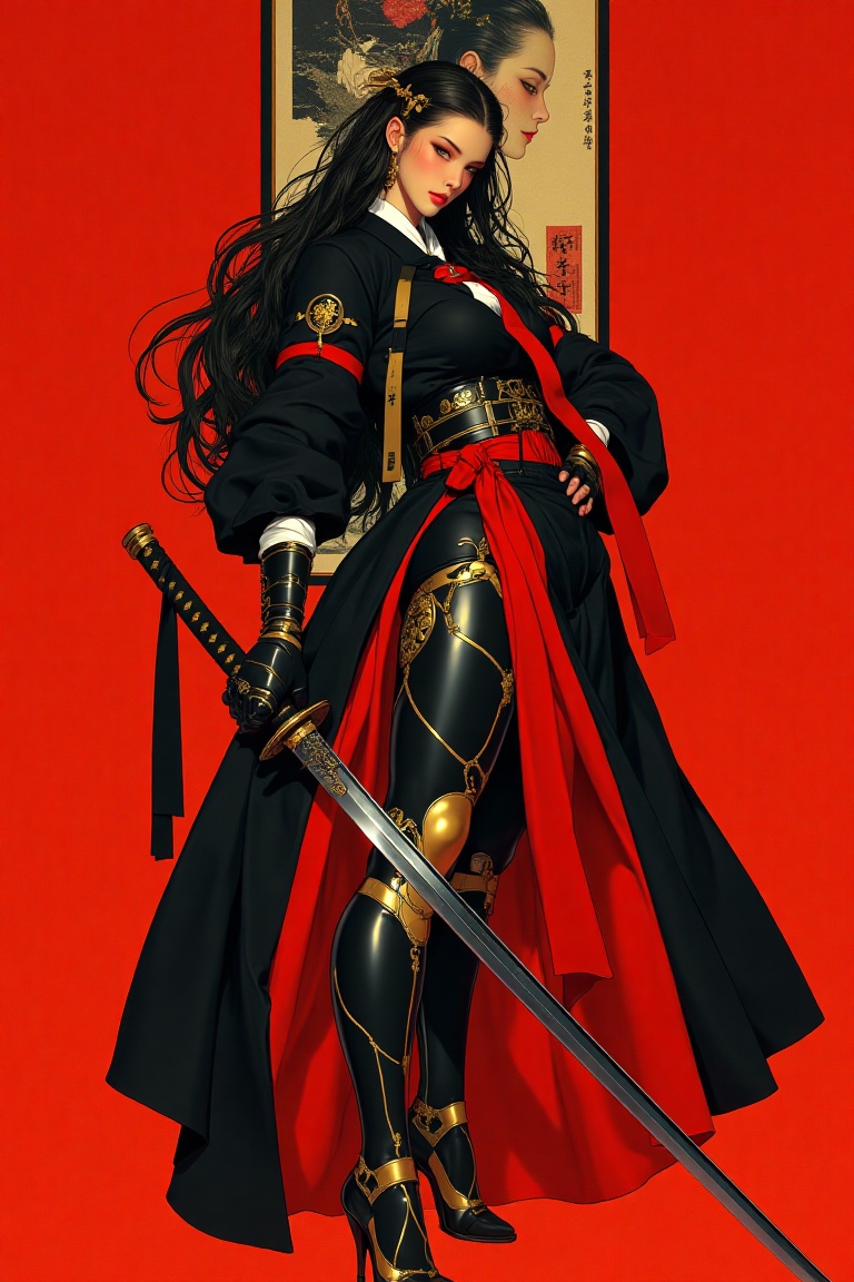 A stylized,  highly detailed illustration of a futuristic warrior woman with traditional Japanese influence. She wears a b...