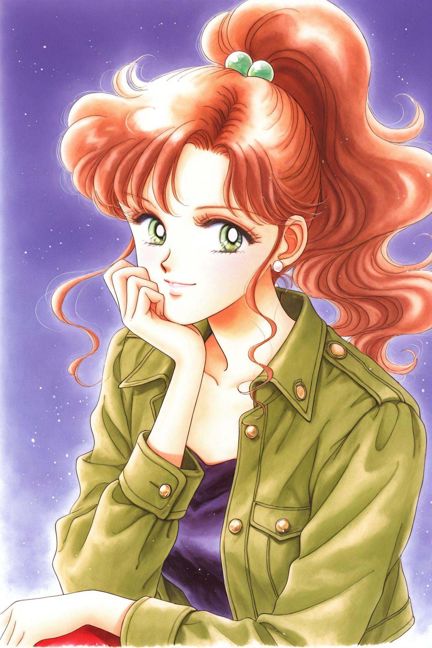 1girl, solo, kino makoto, long hair, brown hair, retro artstyle, hair bobbles, long sleeves, smile, hair ornament, high ponytail, looking at viewer,  jacket, bangs, upper body, ponytail, earrings, jewelry, hand on own face, hand on own cheek,traditional media,1990s \(style\),<lora:Takeuchi Naoko_illustriousXL:1>,