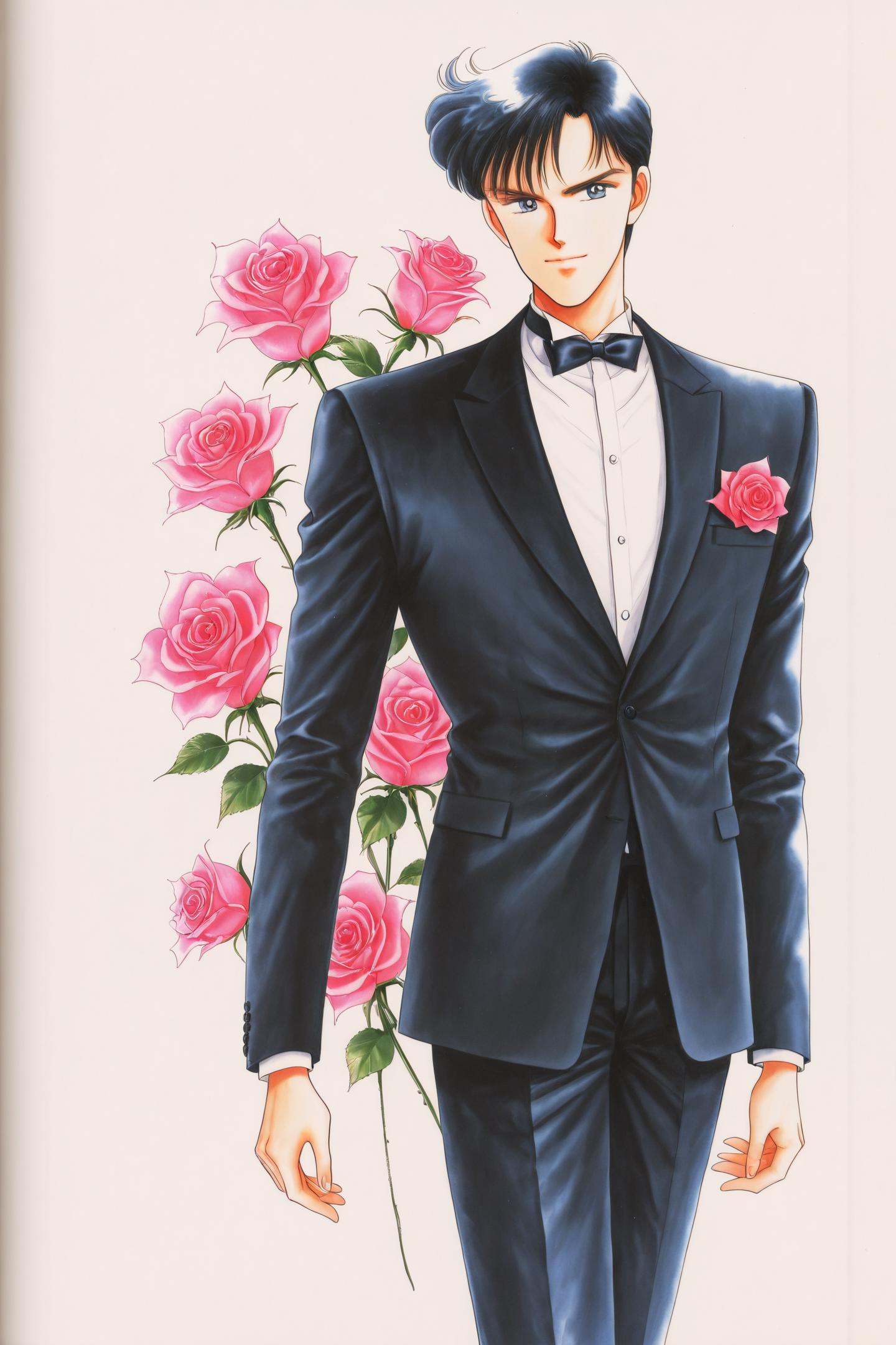 1boy,solo,male focus,black hair,flower,formal,bowtie,white background,pants,retro artstyle,black suit,standing,1990s \(style\),rose,short hair,<lora:Takeuchi Naoko_illustriousXL:1>,